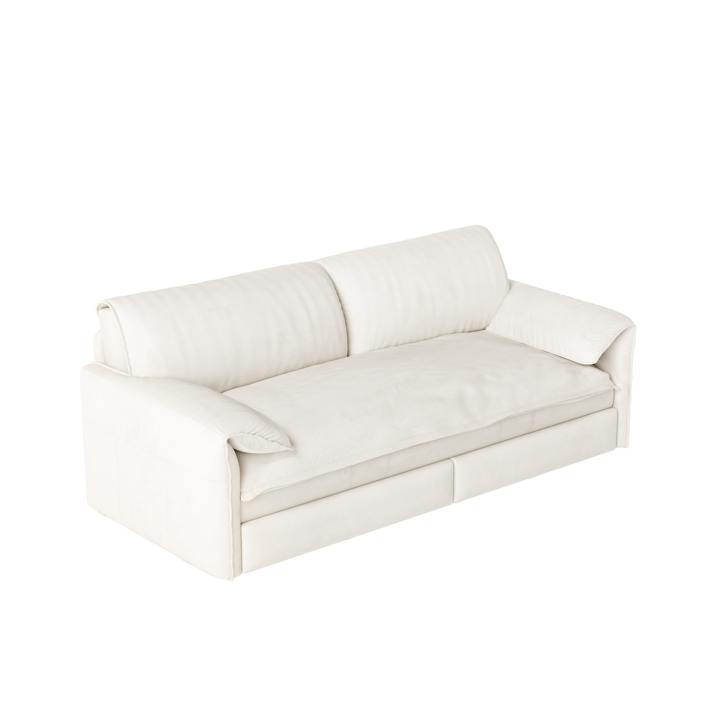 Beige pull-out sofa bed in bedroom or guest room