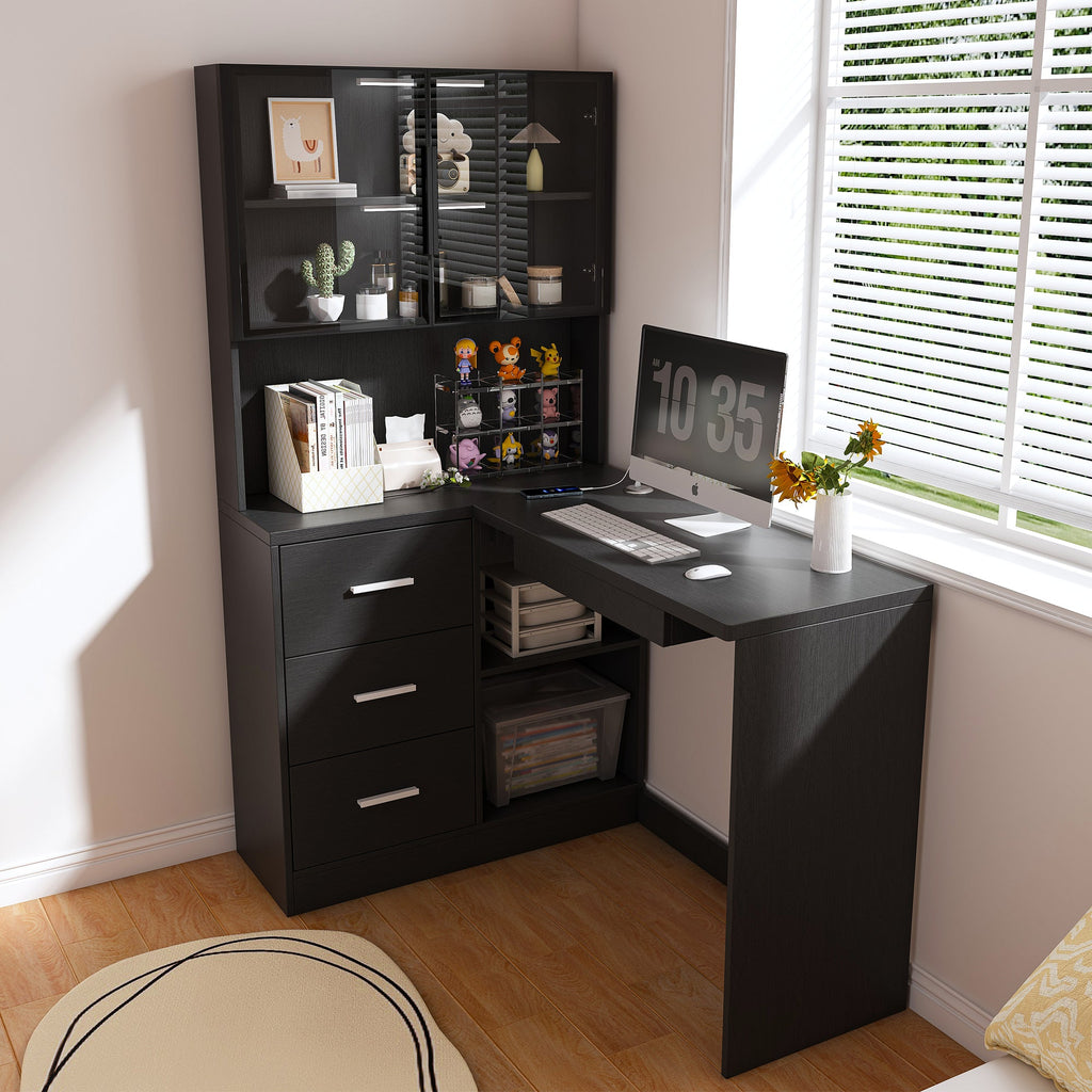 L-Shaped Computer Desk with Glass Cabinets, LED Lights & USB Charging — 43-Inch