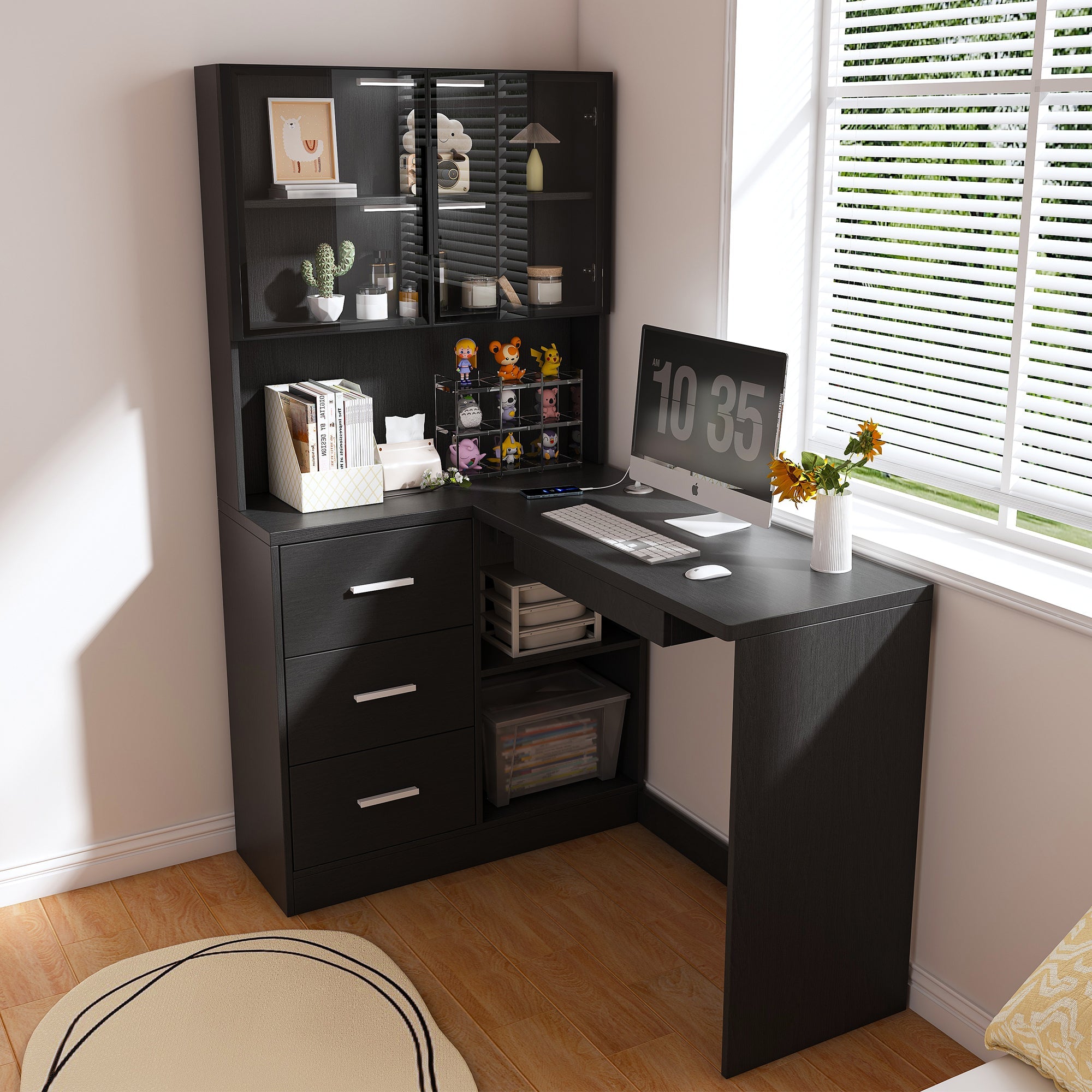 L-Shaped Computer Desk with Glass Cabinets, LED Lights & USB Charging — 43-Inch
