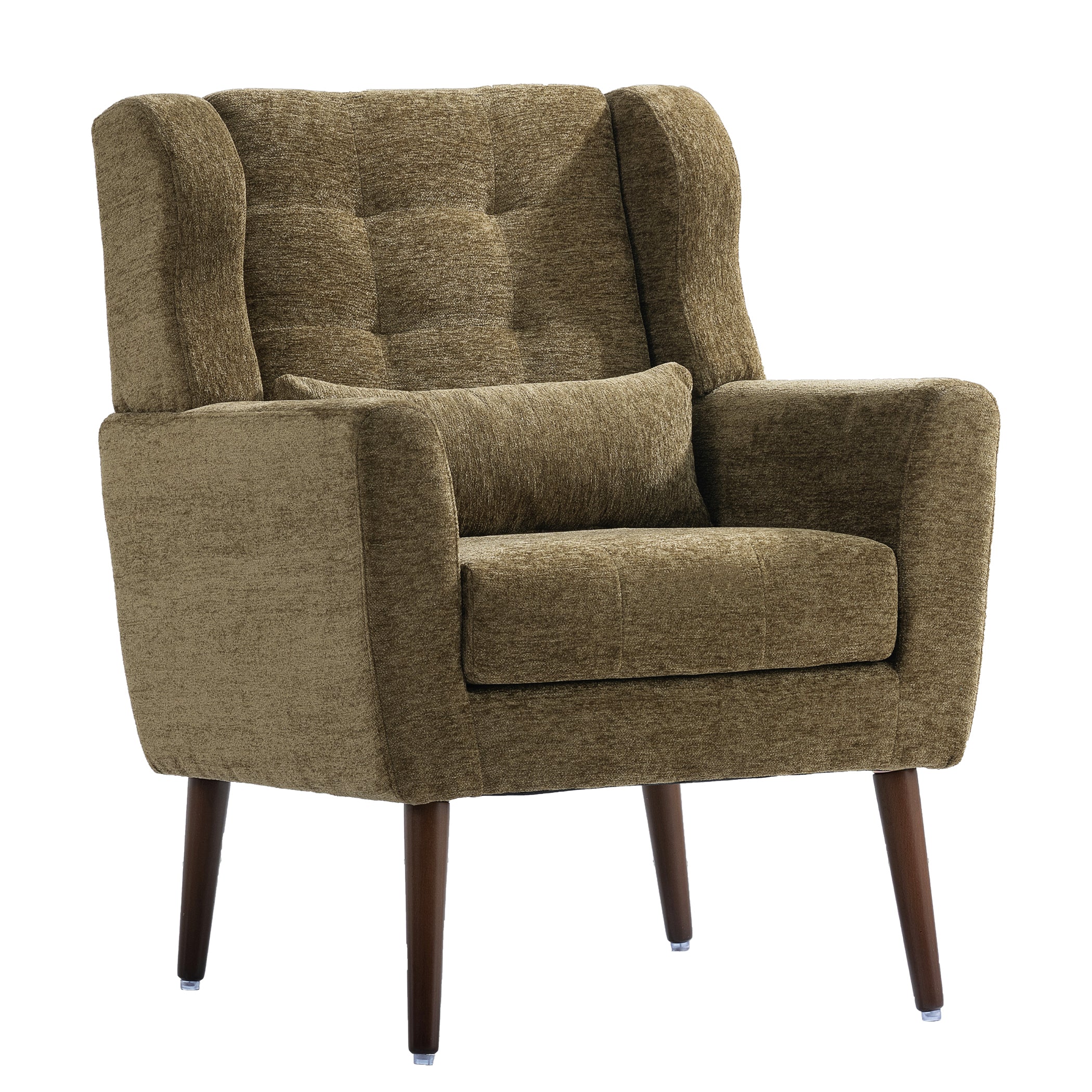 Olive green chenille accent chair with waist pillow — front view