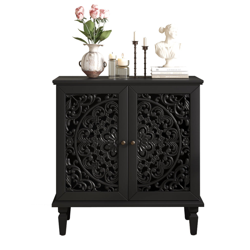 Vintage Hollow-Carved Accent Cabinet, 2-Door Display Storage Sideboard with Symmetrical Floral Design, Adjustable Shelf and Solid Wood Legs for Living Room Entryway(Antique Green)