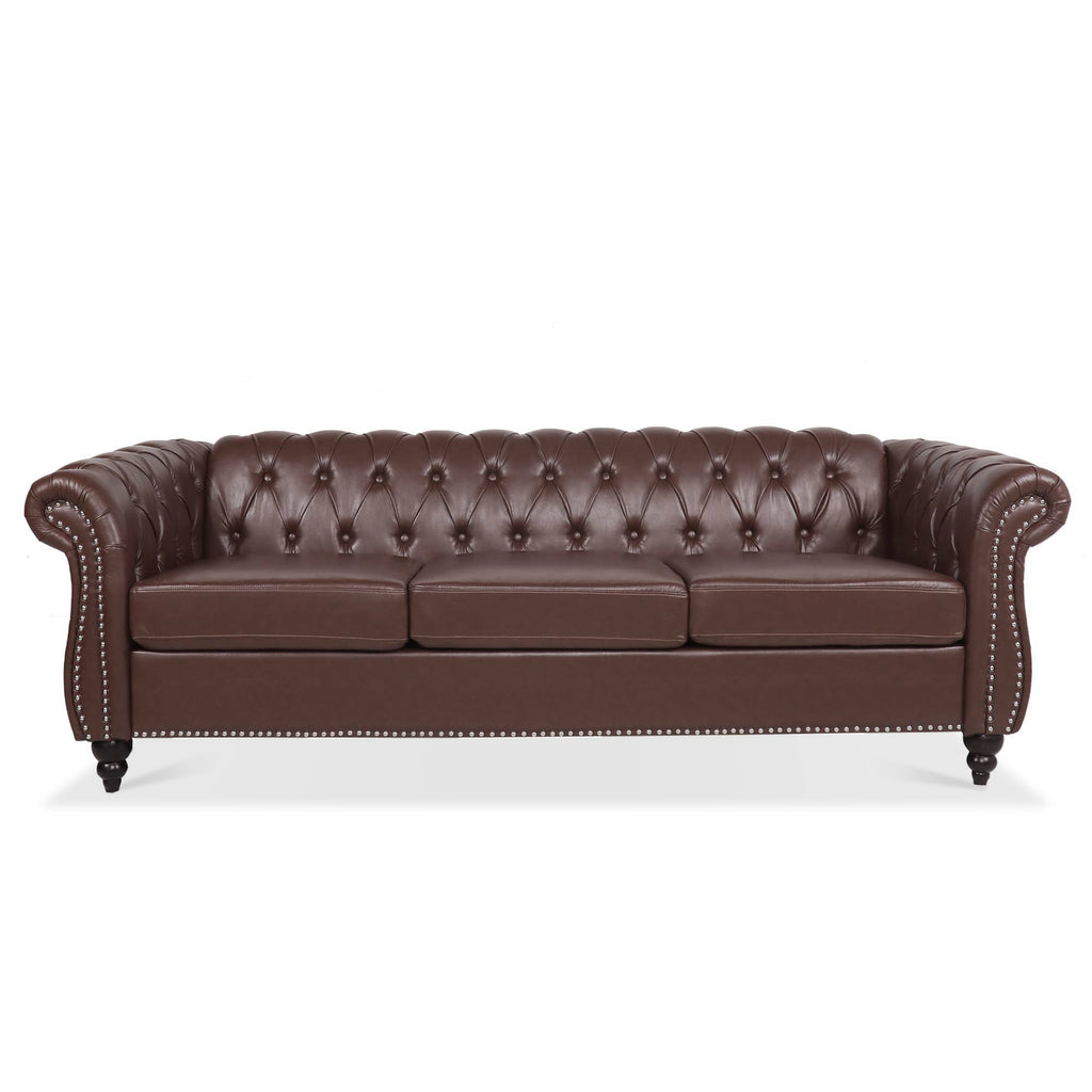 Rolled arm detail on dark brown PU sofa