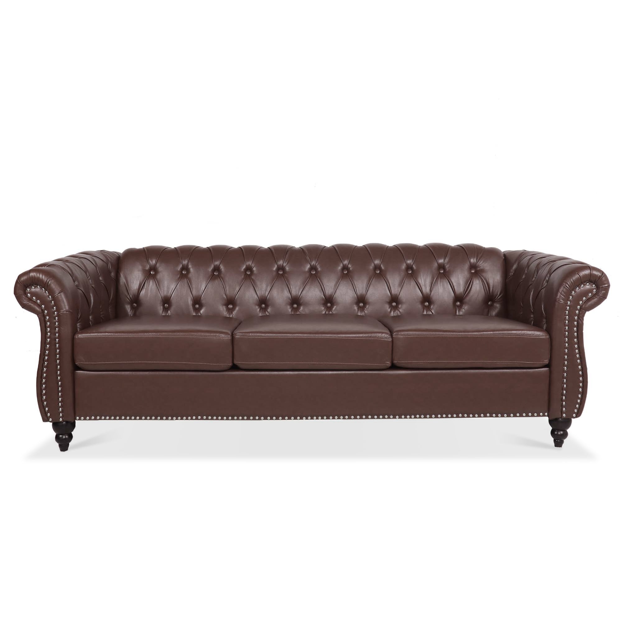 Rolled arm detail on dark brown PU sofa