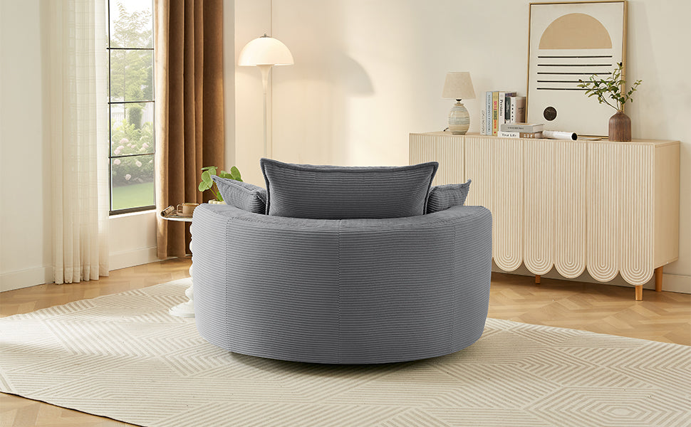 Blue Corduroy 360° Swivel Barrel Accent Chair with Dual-Layer Cushion & 3 Pillows