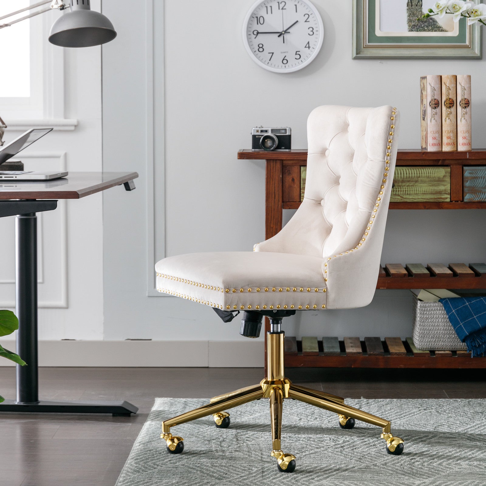 Swivel office chair beige velvet upholstery detail