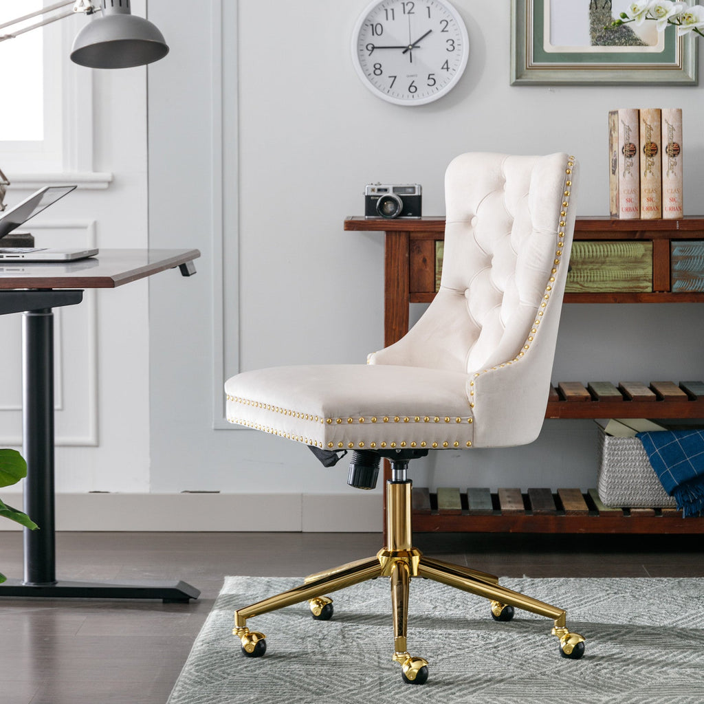 Velvet Office Chair — Button-Tufted with Gold Metal Base & Wheels
