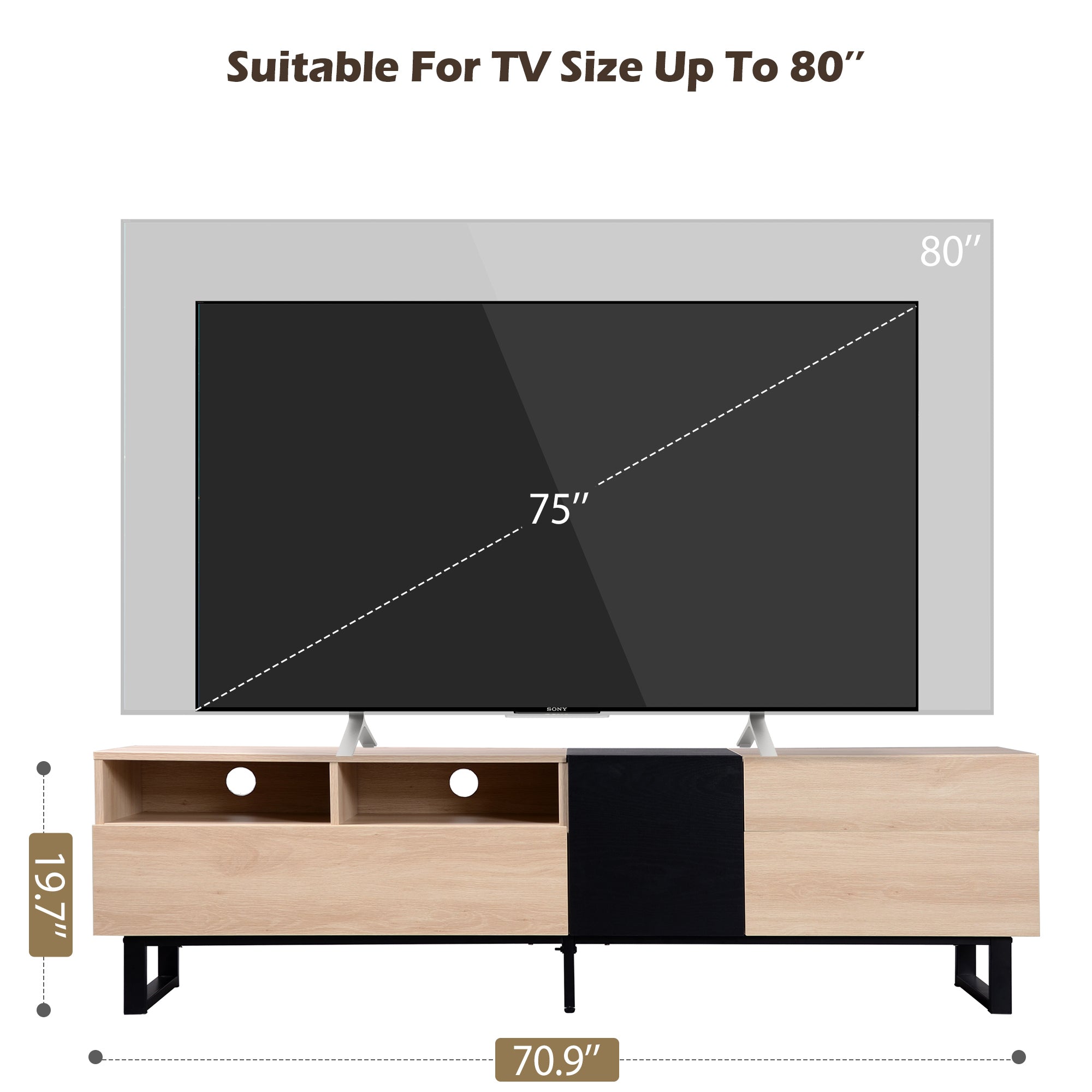 Natural wood TV cabinet side profile view