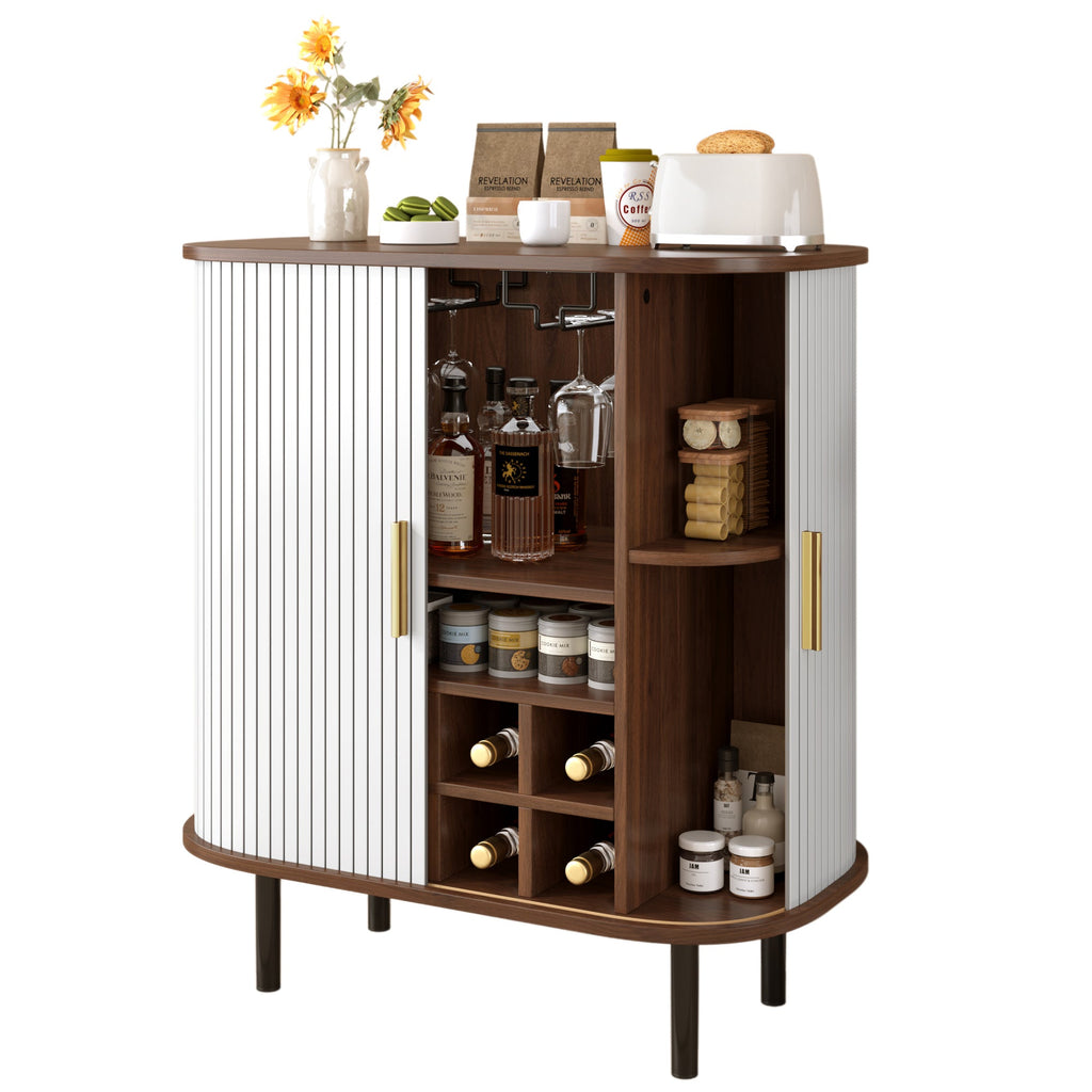28' Fluted Wine Bar Cabinet with 8-Grid Wine Rack, 5-Level Adjustable Shelves, 2 Glass Holders, Smoothly Sliding Tambour Doors, 4 Hidden Storage Space on the Side, Modern Liquor Coffee Station, Black