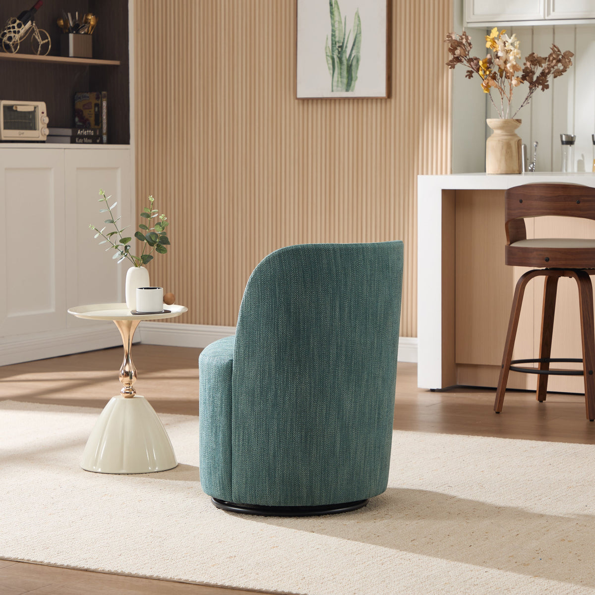 Set Of 1 Upholstered Kitchen & Dining Room Barrel Chair, Mid Century Modern Round Linen Dining Chair, 360 Degree Swivel Comfy Armless Accent Makeup Vanity Side Chair for Bedroom Living Room