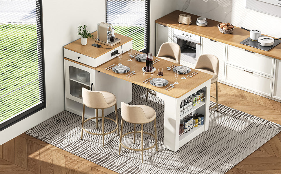 K&K 59.5' Kitchen Island with Extendable Dining Table, Kitchen Storage Table with Double-sided Storage, Kitchen Island with 2 Drawers, Power Outlet, Side Open Shelves, for Kitchen, Dining Room, Black