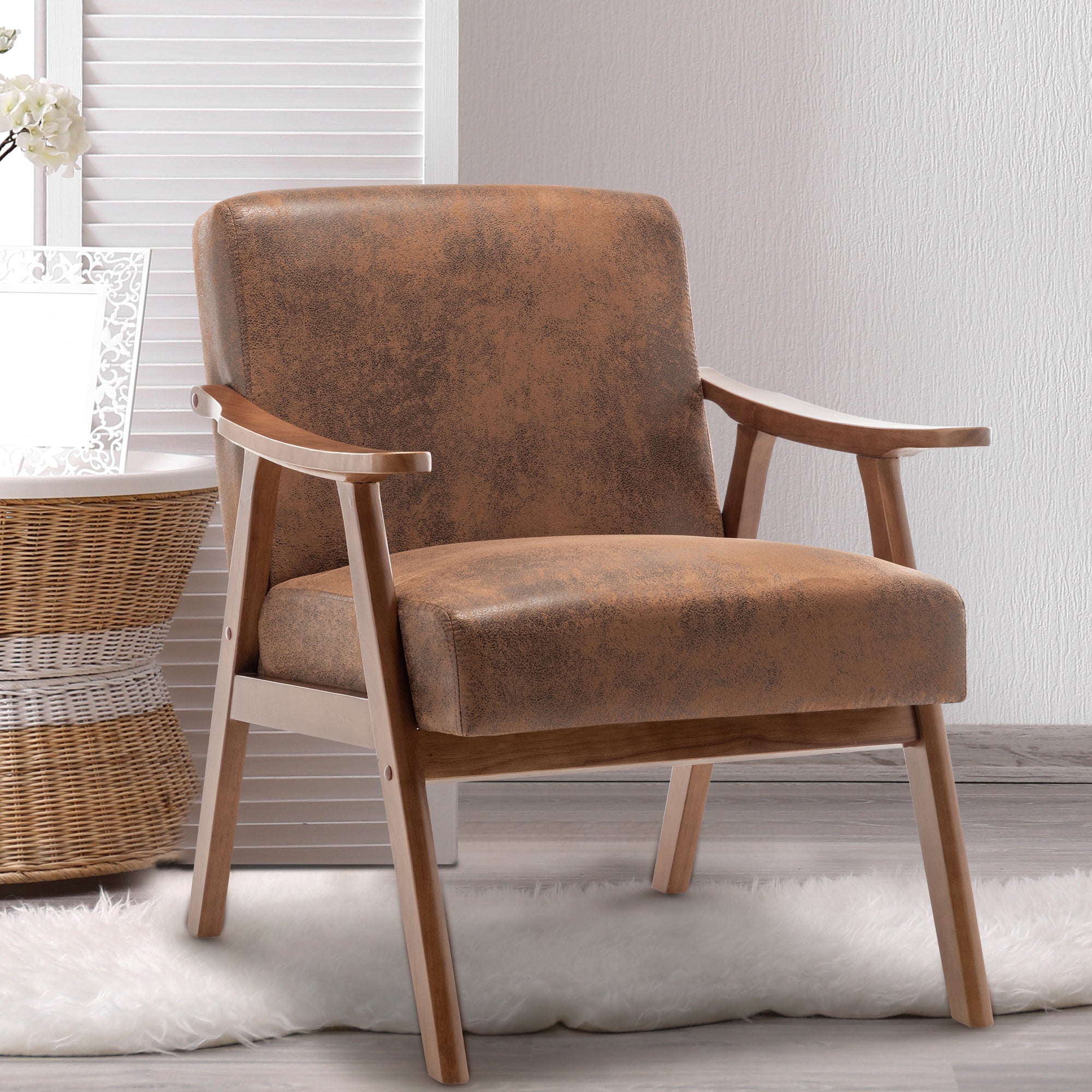 Wingback accent chair with wood frame — angle view