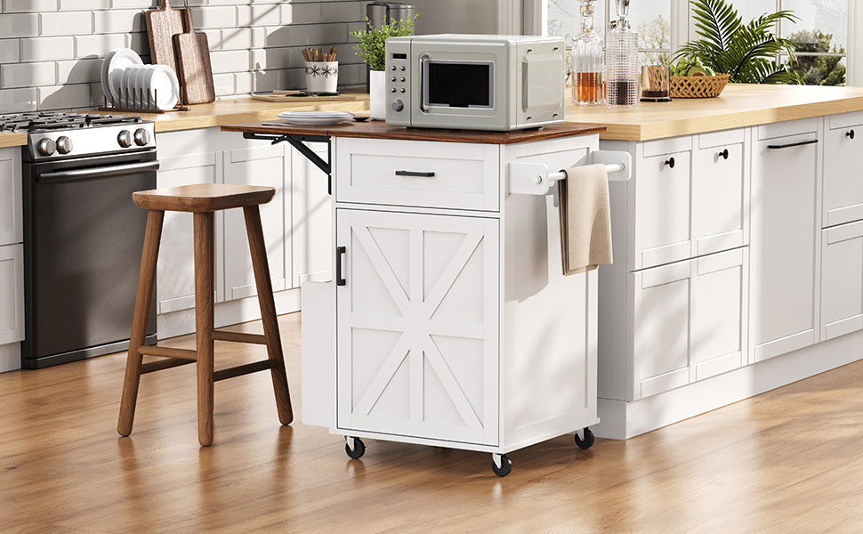 K&K 39.3' Farmhouse Kitchen Island with Drop Leaf, Kitchen Storage Island with Open Side Rack, One Drawer, Towel Rack, Rolling Kitchen Cart with Lockable Wheels for Lawn Garden, Black