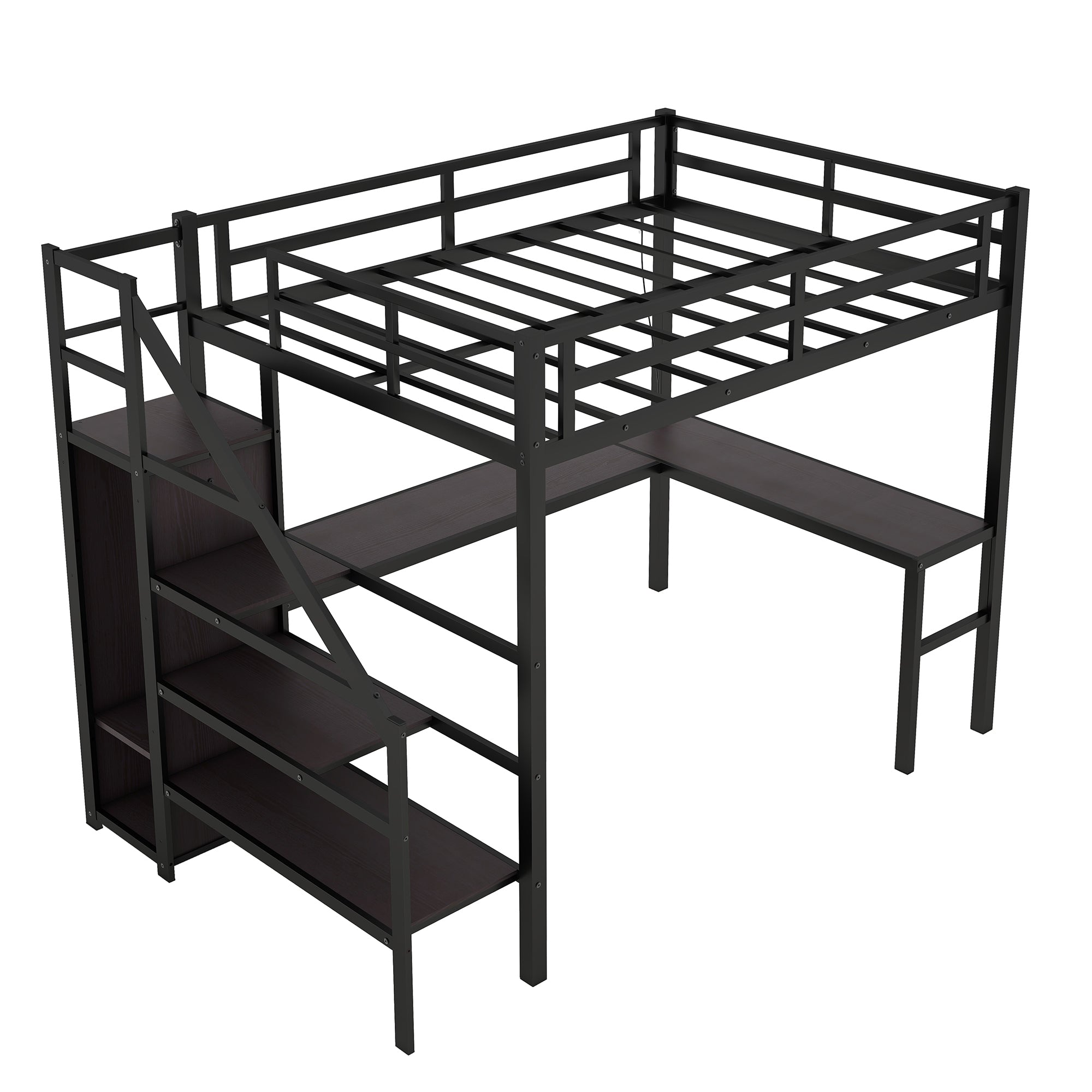 Black loft bed storage staircase with reversible left-right placement