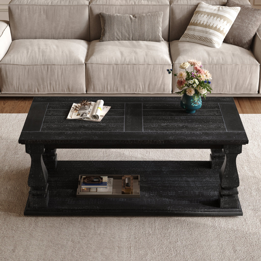 Weathered Black Farmhouse Coffee Table, Crafted with Heavy Planked Top & Square Baluster Legs,  47.24' Long Rustic Living Room 
Table with Storage Shelf