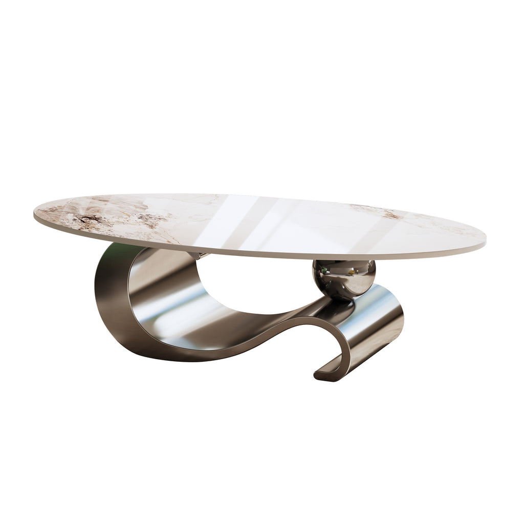 Sculptural sled base stainless steel coffee table underside