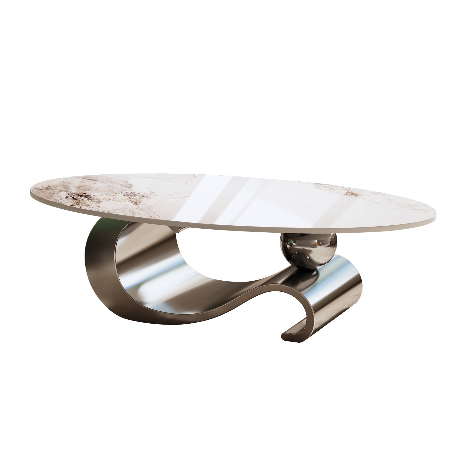 Sculptural sled base stainless steel coffee table underside