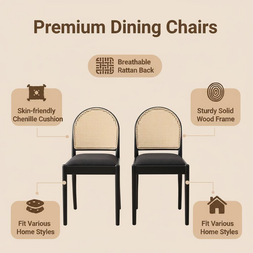 Rattan Dining Chairs Set of 2, Upholstered Linen Dining Room Chairs with Backrests, Modern Kitchen Chairs with Wood Legs for Dining Room, Beige