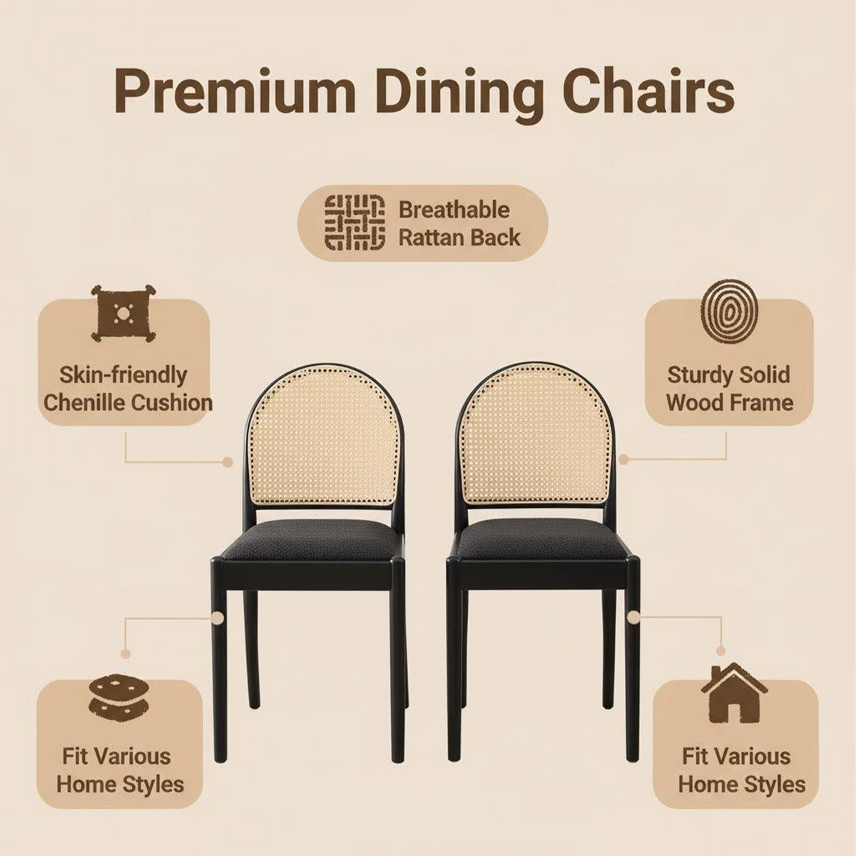 Rattan Dining Chairs Set of 2, Upholstered Linen Dining Room Chairs with Backrests, Modern Kitchen Chairs with Wood Legs for Dining Room, Beige