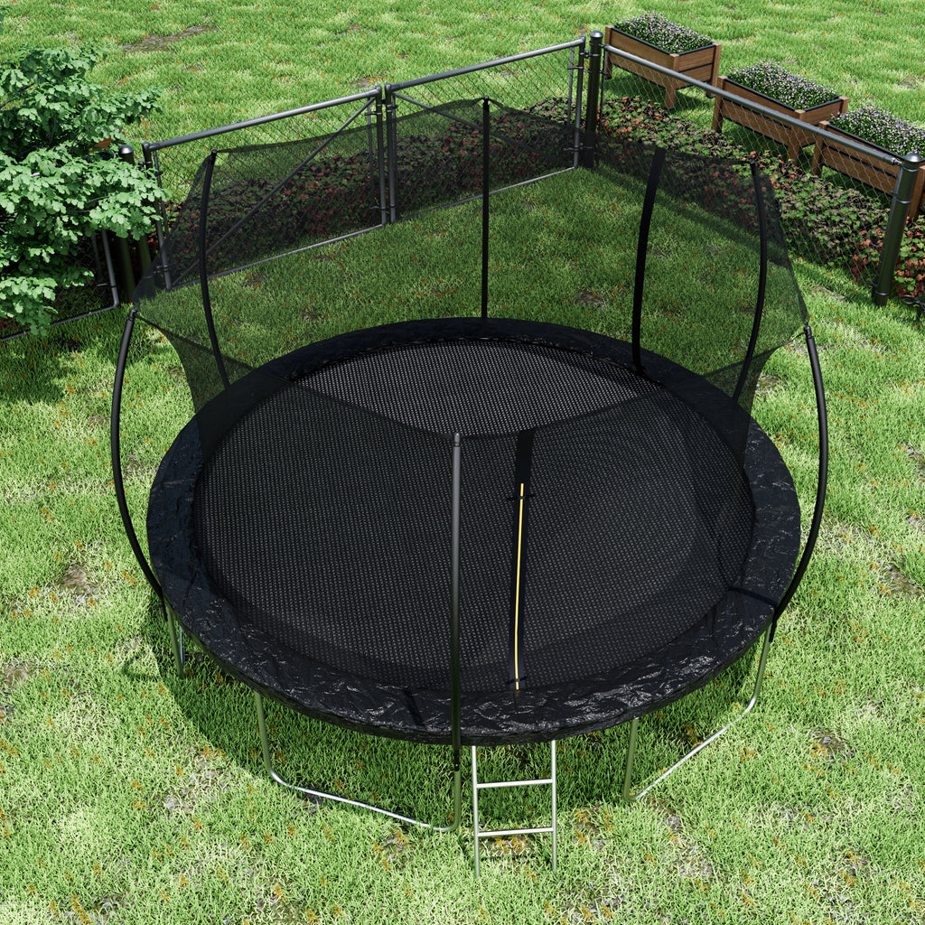 Curved fence pole trampoline safer net-to-mat spacing close-up