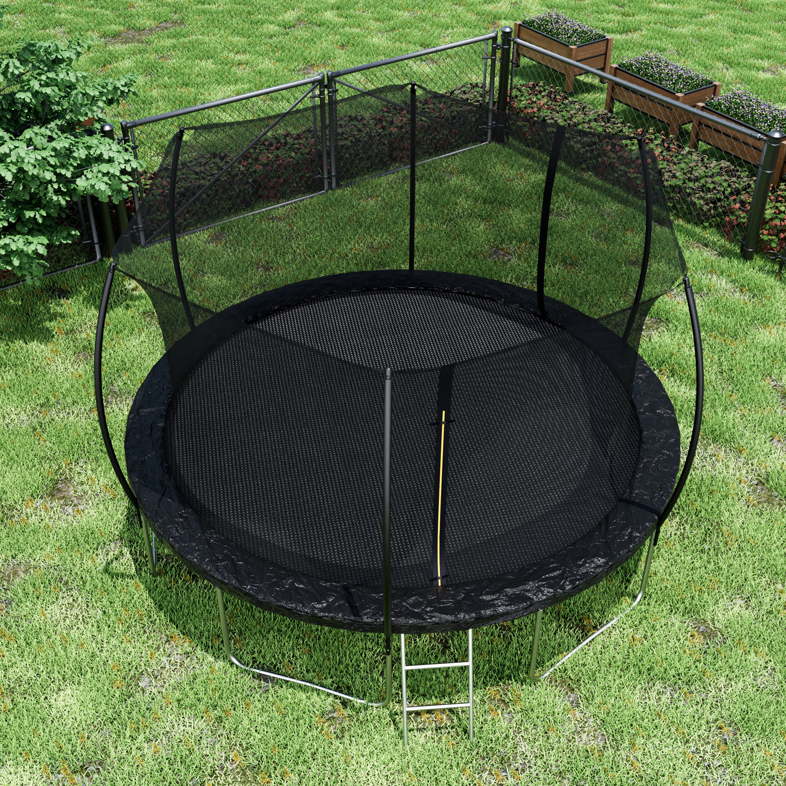 Curved fence pole trampoline safer net-to-mat spacing close-up