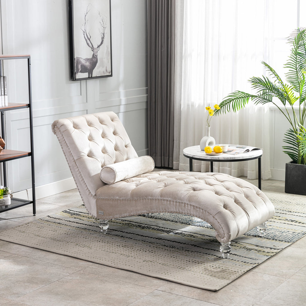Velvet Chaise Lounge — Button-Tufted with Pillow