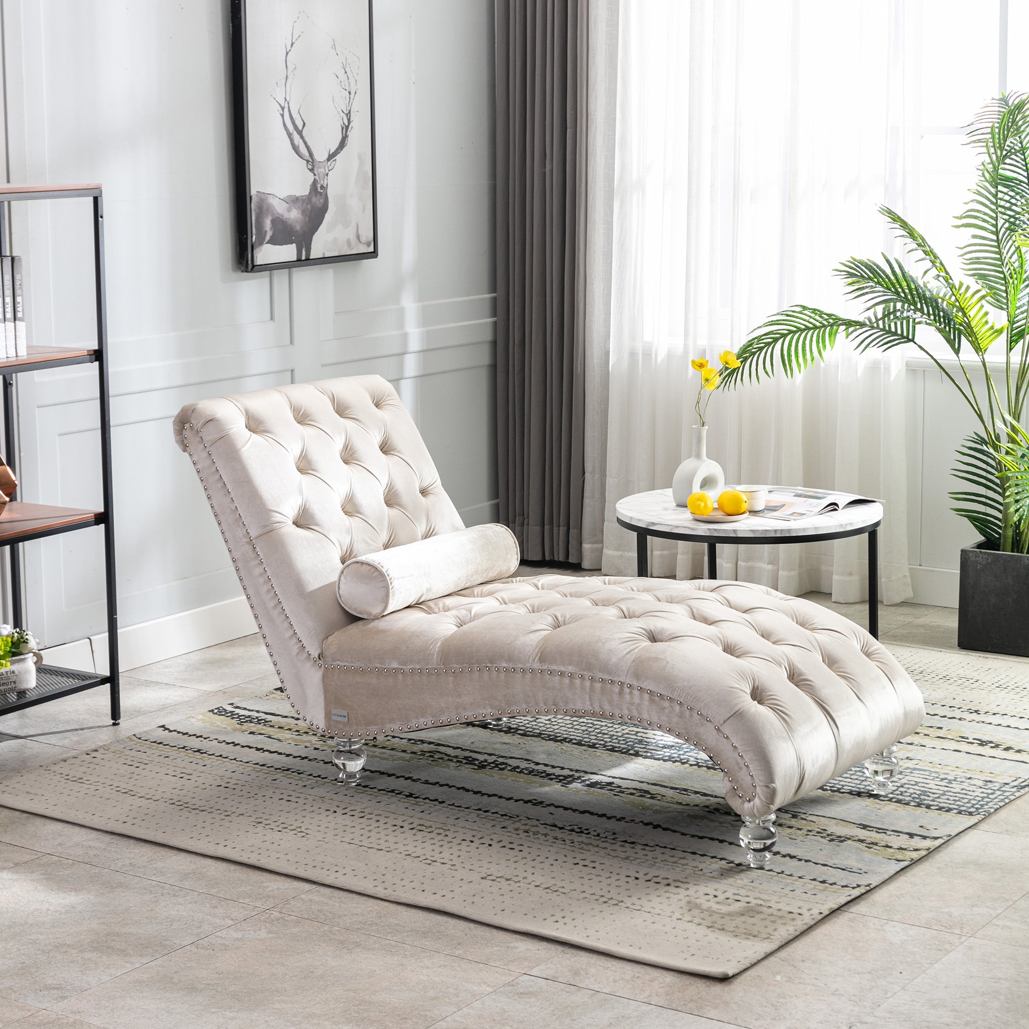 Velvet Chaise Lounge — Button-Tufted with Pillow
