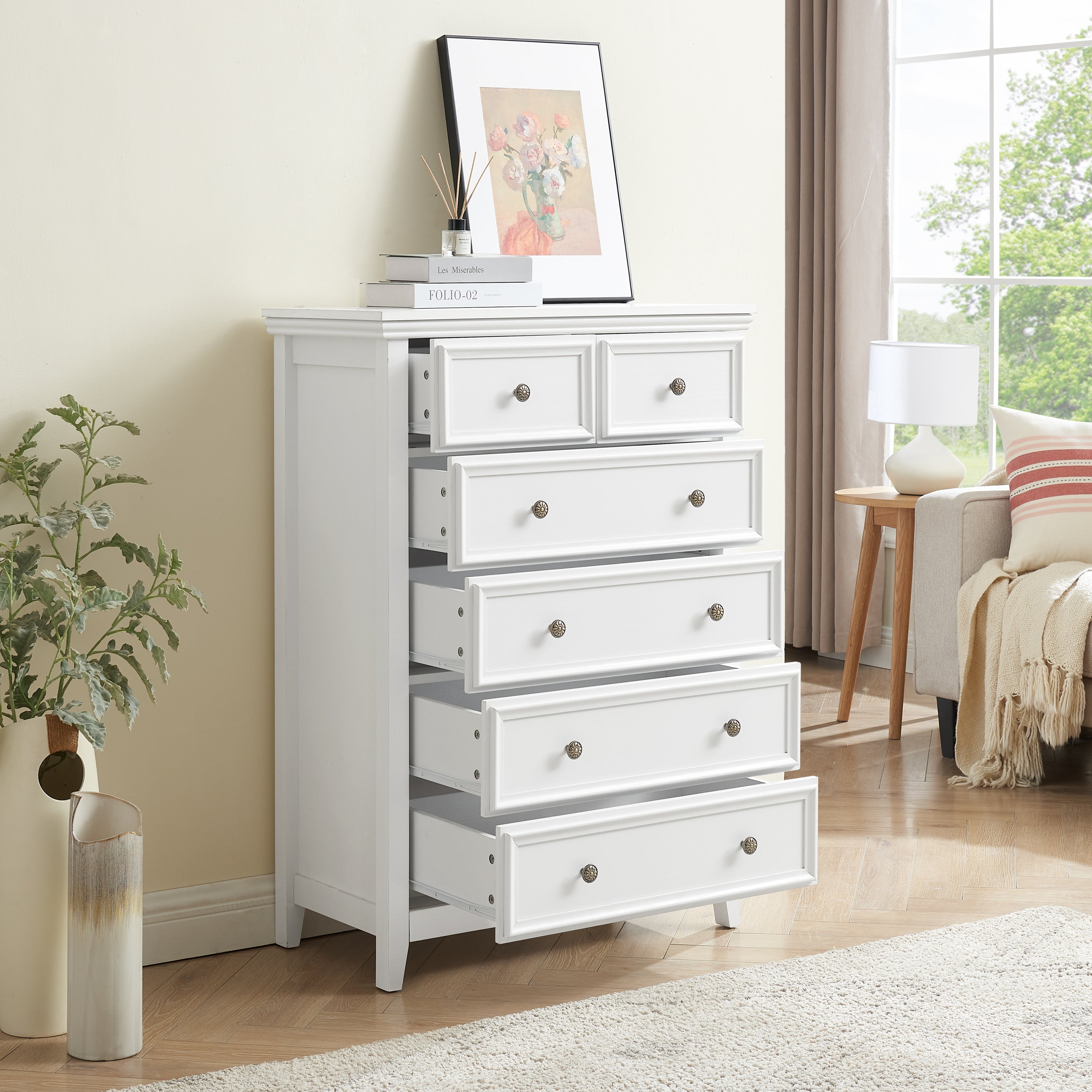 White bedroom dresser storage cabinet — angle view