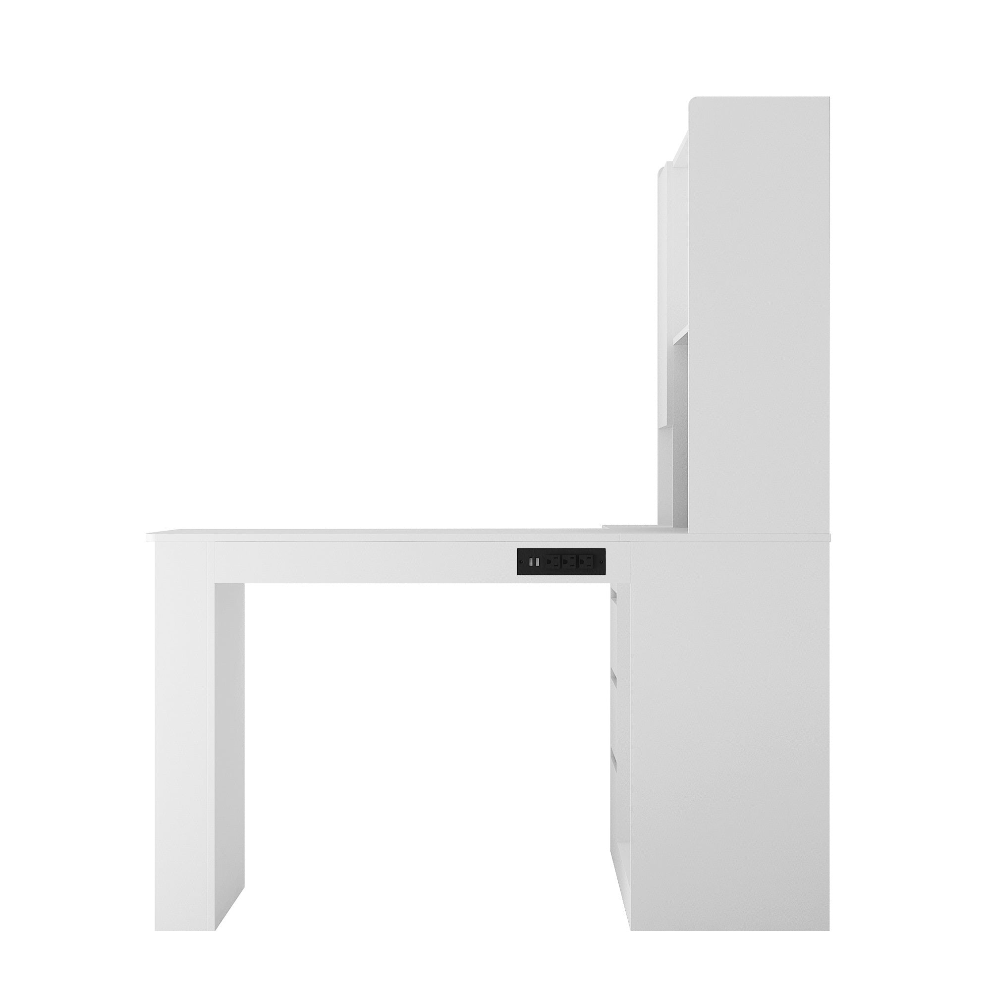 L-Shaped Desk with Bookshelf, Charging Station, Drawers & LED Light