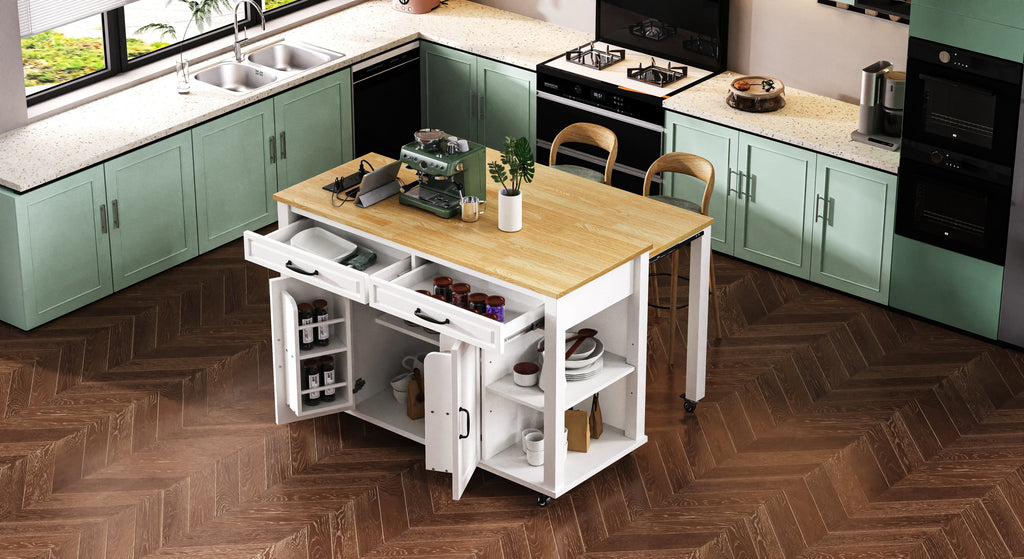 K&K 47 inch Kitchen Island with Extendable Dining Table, Rubber Wood Veneer Kitchen Table with Internal Storage Rack, Power Outlet, Kitchen island with Storage 2 Drawers 2 Cabinet, Black