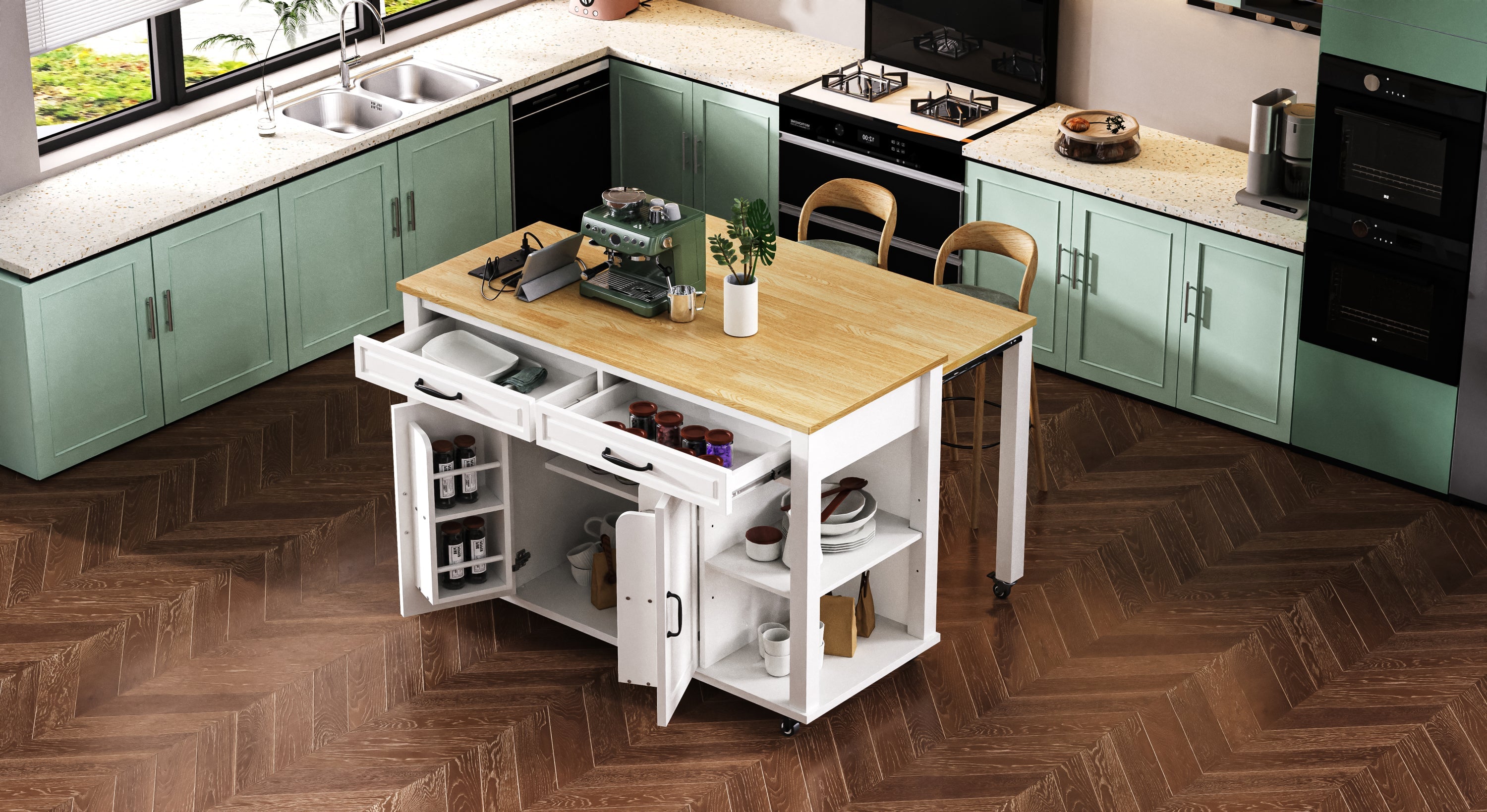 K&K 47 inch Kitchen Island with Extendable Dining Table, Rubber Wood Veneer Kitchen Table with Internal Storage Rack, Power Outlet, Kitchen island with Storage 2 Drawers 2 Cabinet, Black