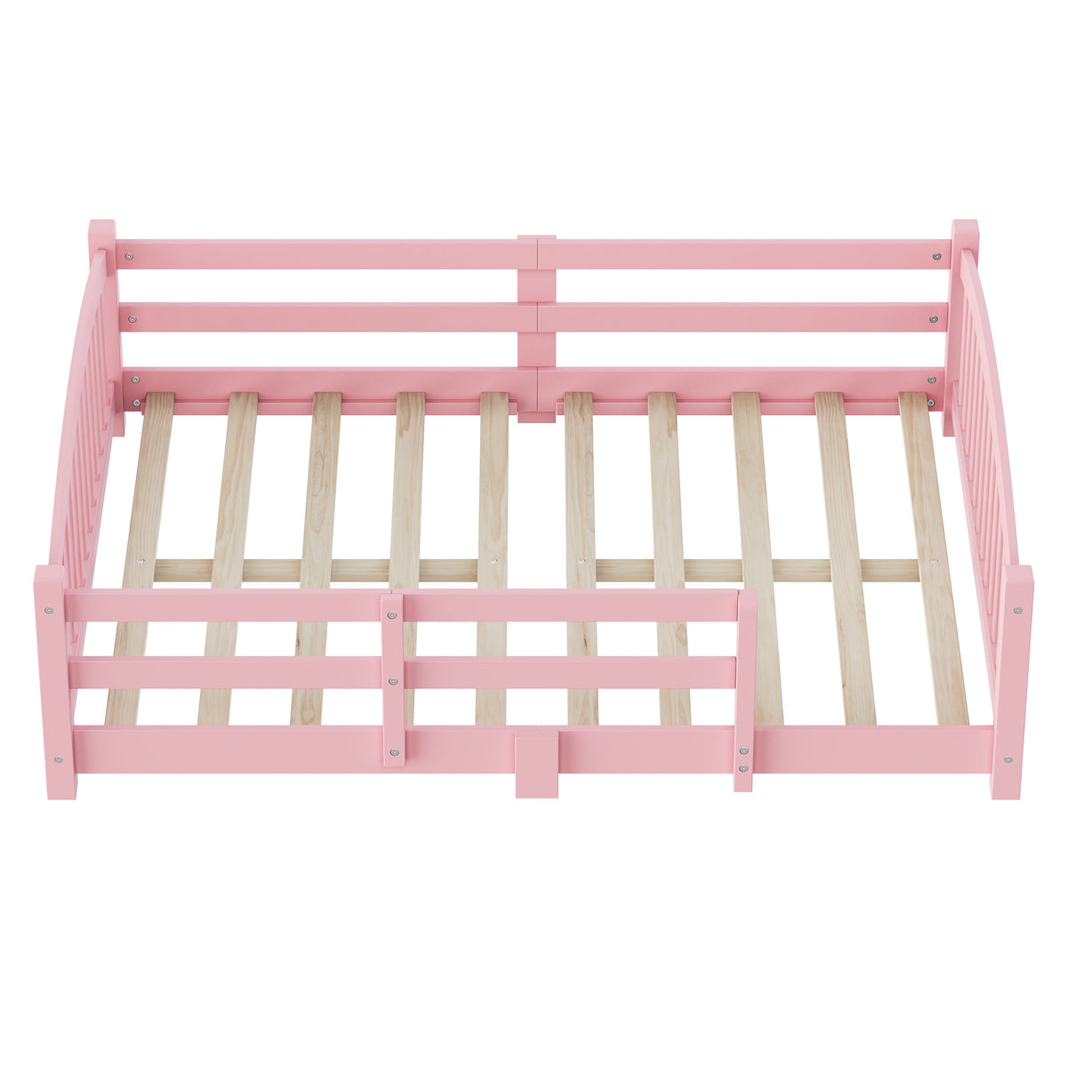 Full Montessori Floor Bed with Slats and Safety Guardrails, Solid Wood Floor Bed with Fence and Without Door, Easy Assemble Montessori Bed for Girls and Boys, Gray