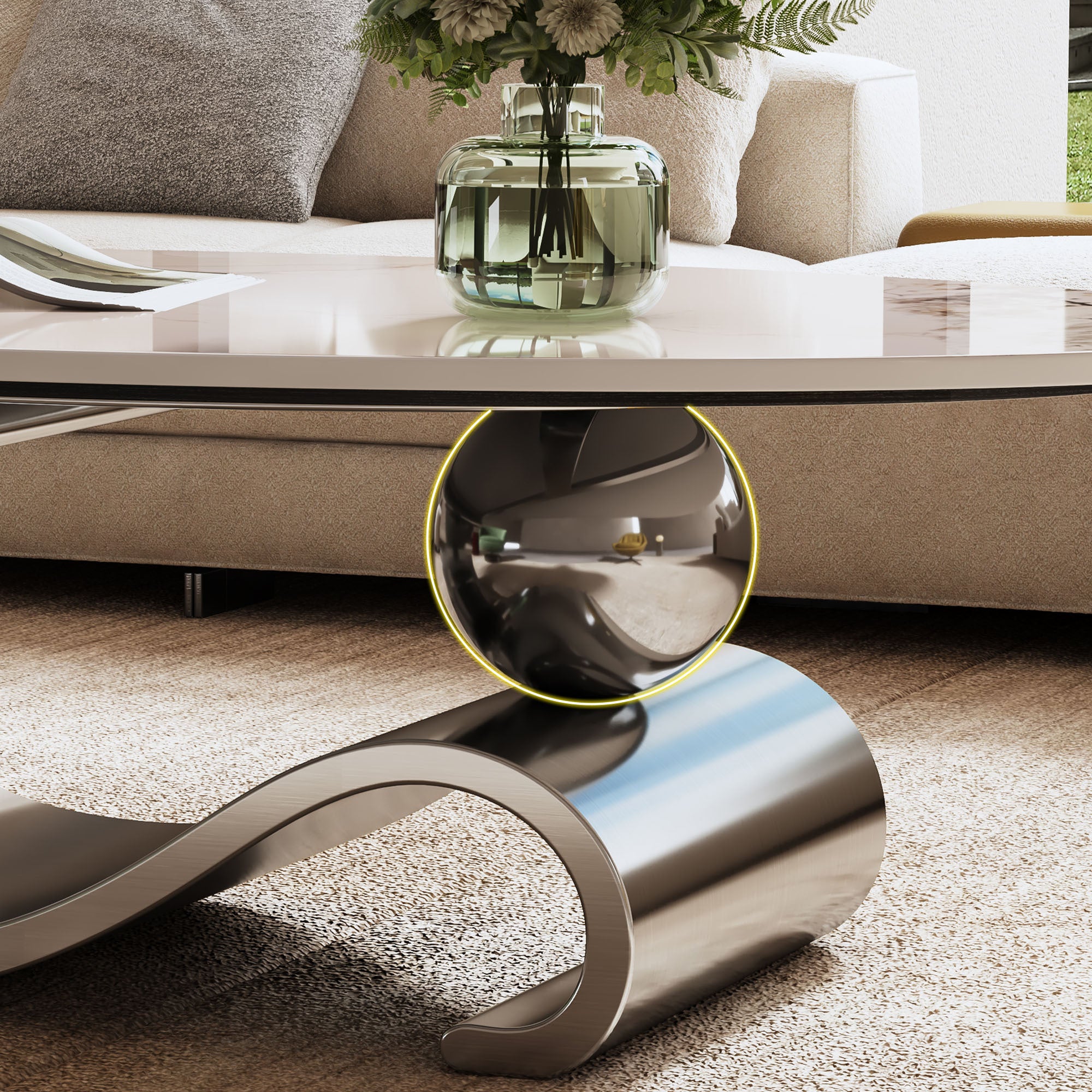 Faux marble oval table glossy stone surface detail