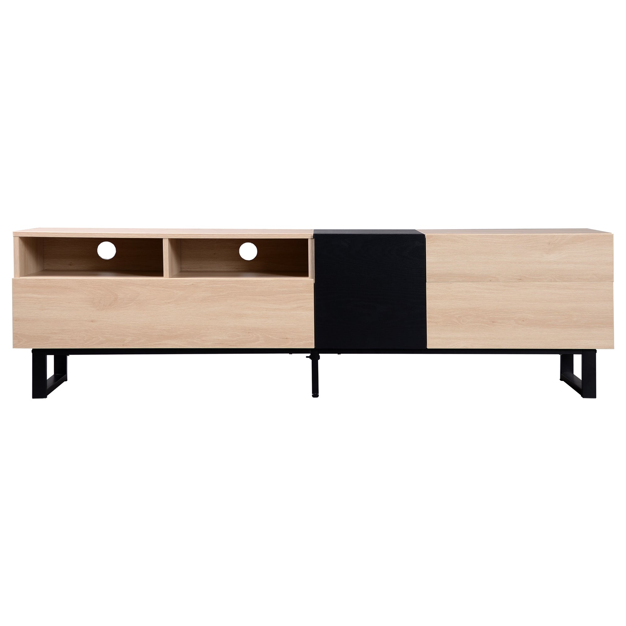 Natural wood TV stand with drop-down doors — front view