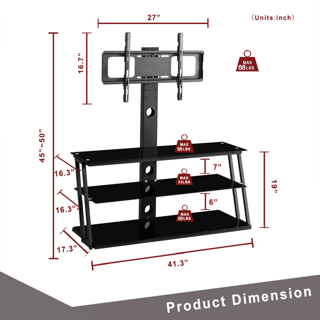 Swivel TV stand with glass shelves angle view