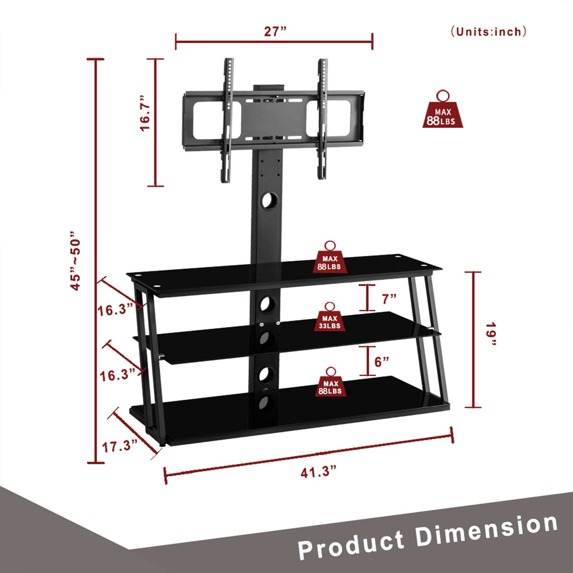 Swivel TV stand with glass shelves angle view