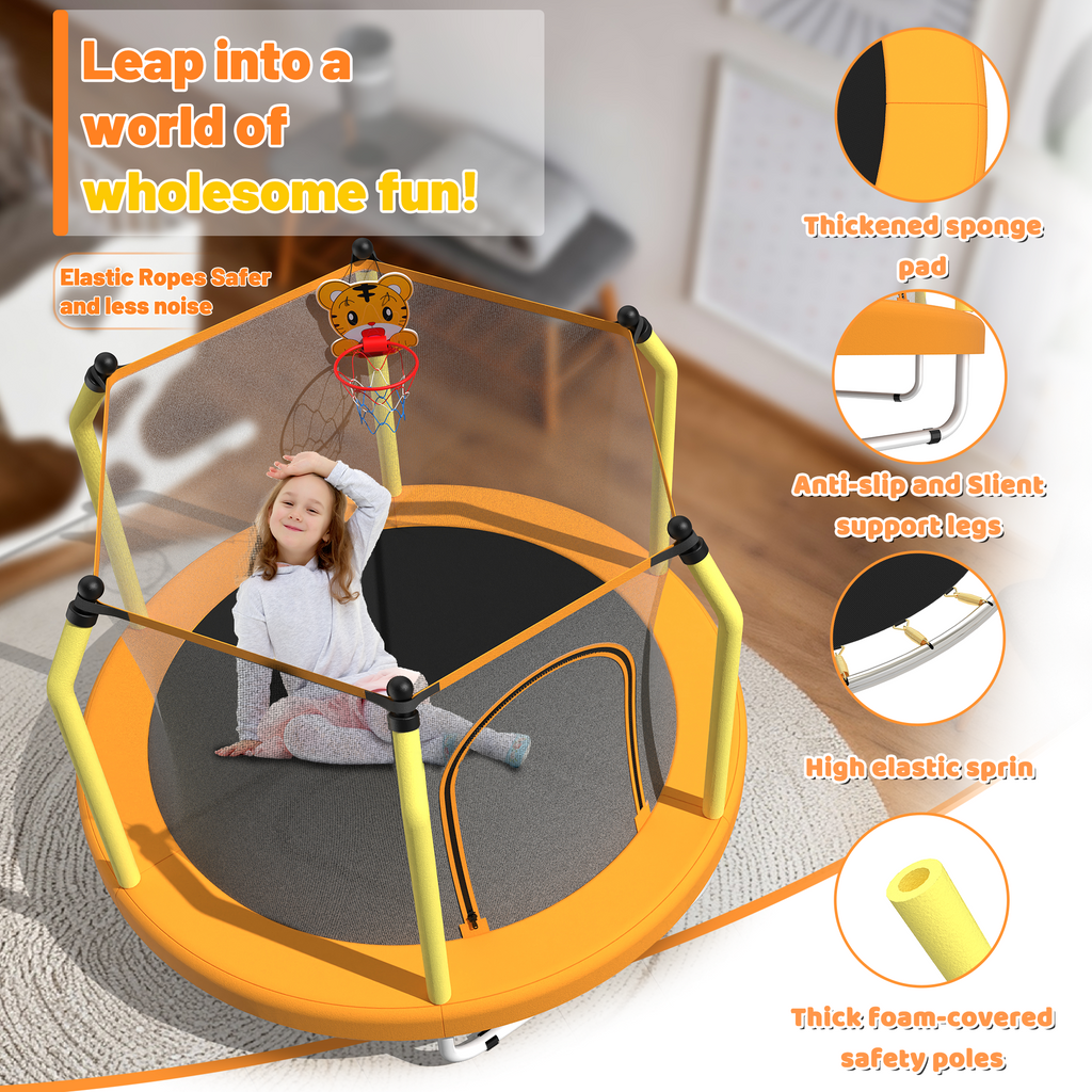 55-Inch Kids Trampoline with Safety Net & Basketball Hoop