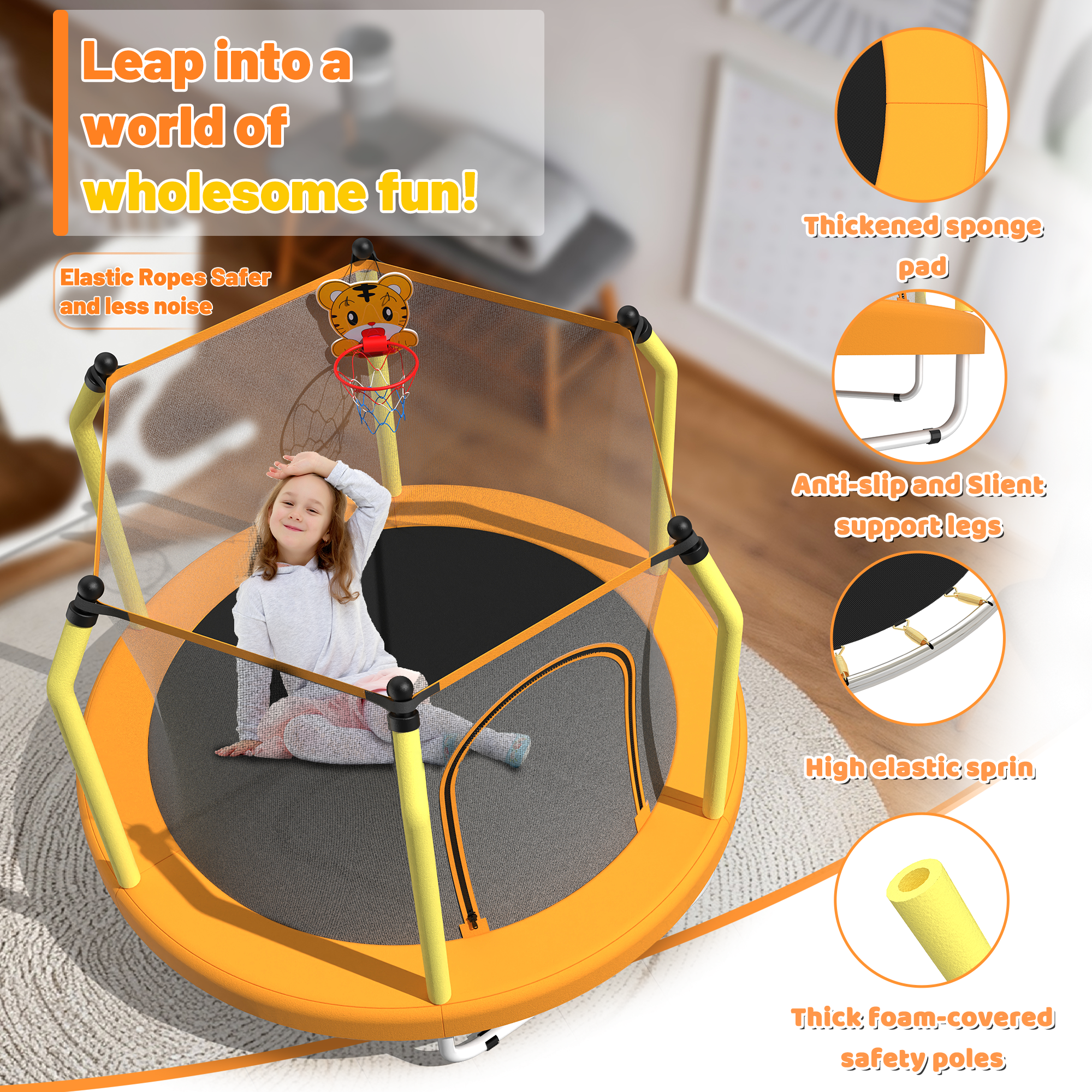 55-Inch Kids Trampoline with Safety Net & Basketball Hoop