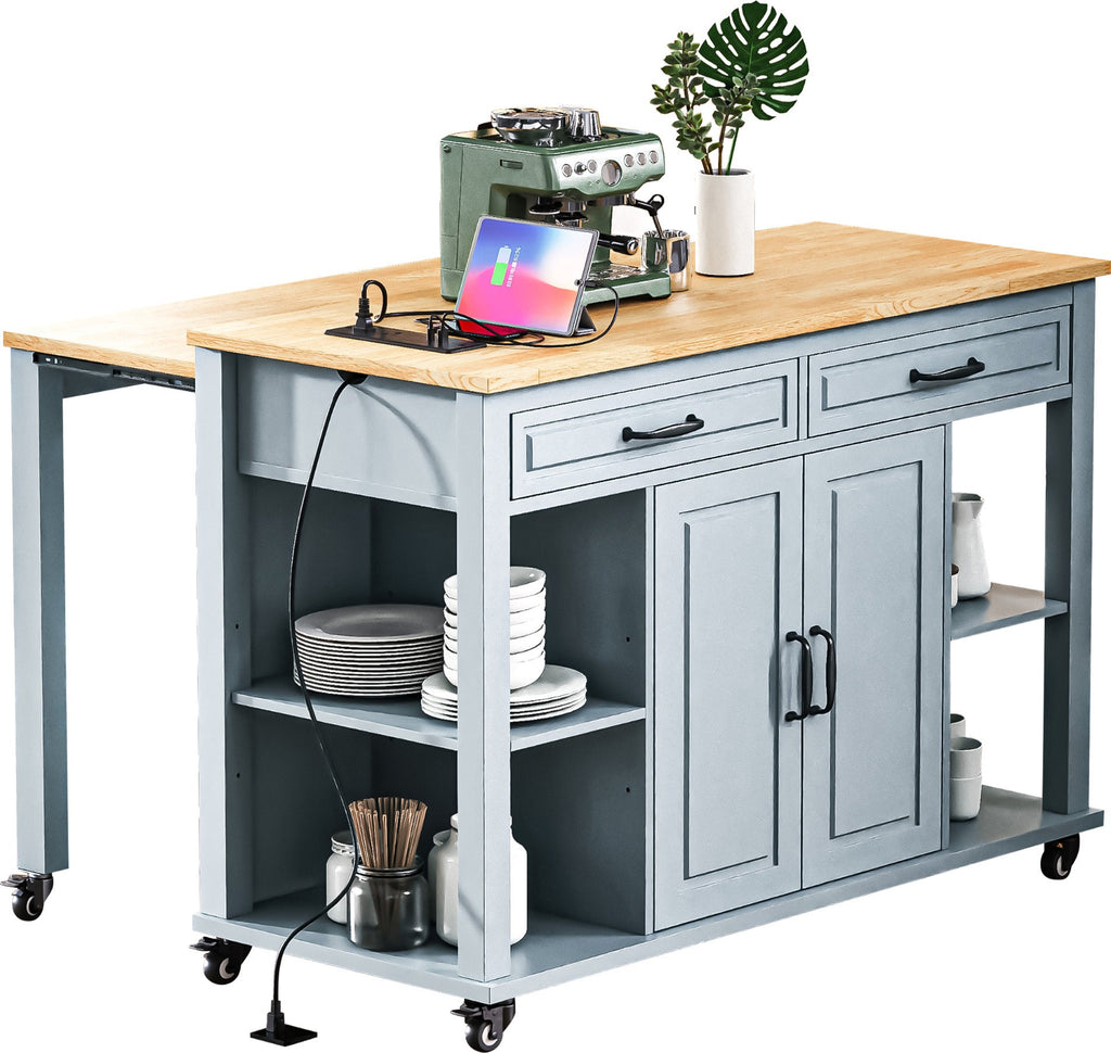 K&K 47 inch Kitchen Island with Extendable Dining Table, Rubber Wood Veneer Kitchen Table with Internal Storage Rack, Power Outlet, Kitchen island with Storage 2 Drawers 2 Cabinet, Black