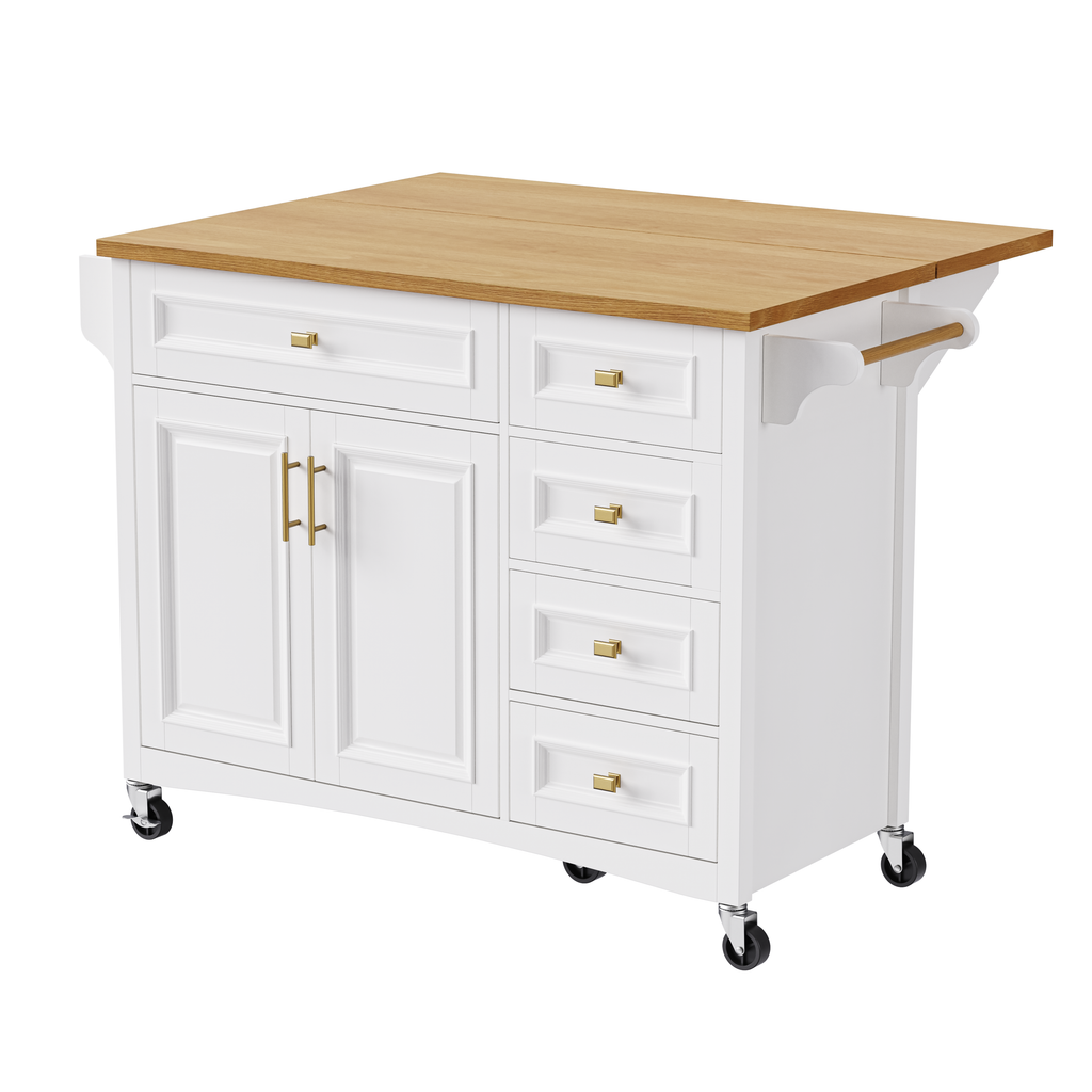 K&K 52'' Kitchen Island with Drop Leaf, Embossed Texture Kitchen Island on Wheels with Spice Rack, Towel Rack, 2 Doors and 5 Drawers, Kitchen Storage Cart with Adjustable Shelf for Kitchen, Blue Grey