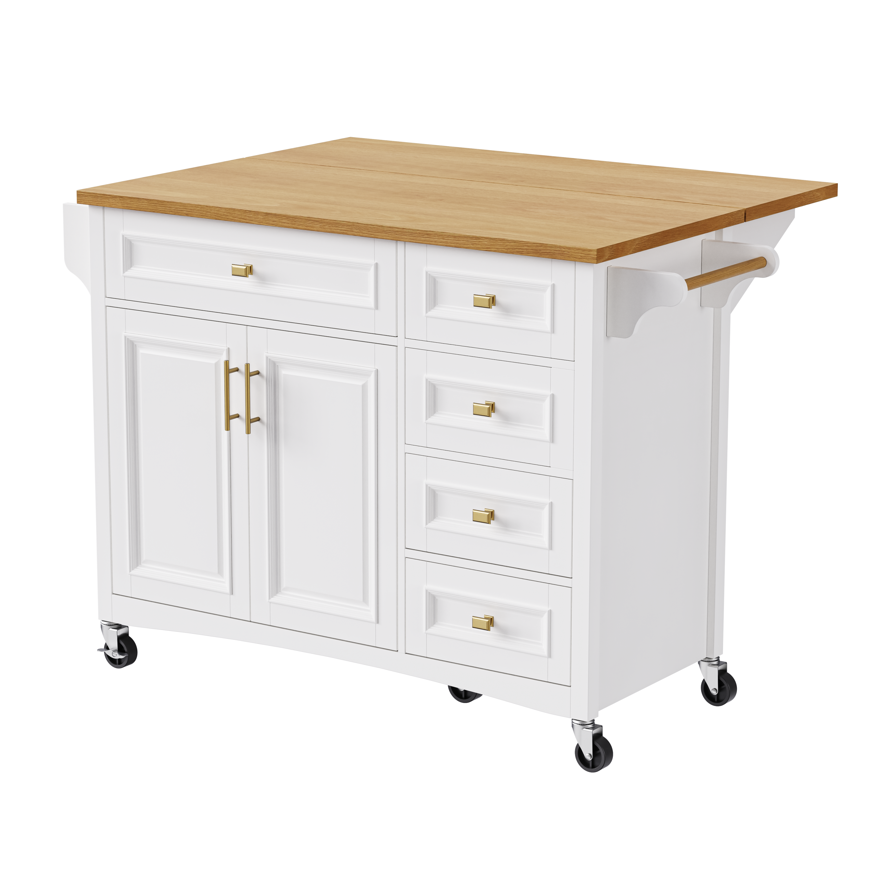 K&K 52'' Kitchen Island with Drop Leaf, Embossed Texture Kitchen Island on Wheels with Spice Rack, Towel Rack, 2 Doors and 5 Drawers, Kitchen Storage Cart with Adjustable Shelf for Kitchen, Blue Grey