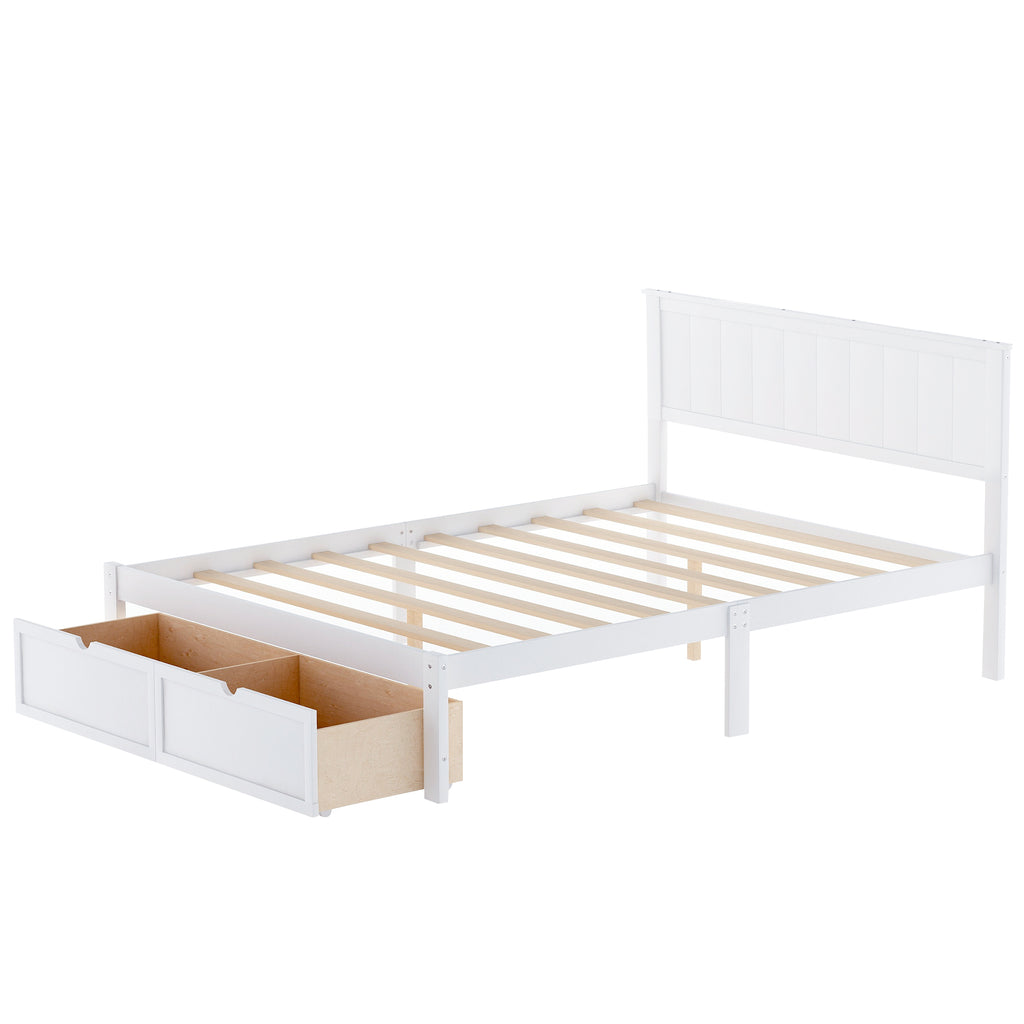 Platform bed with under-bed drawers pulled out