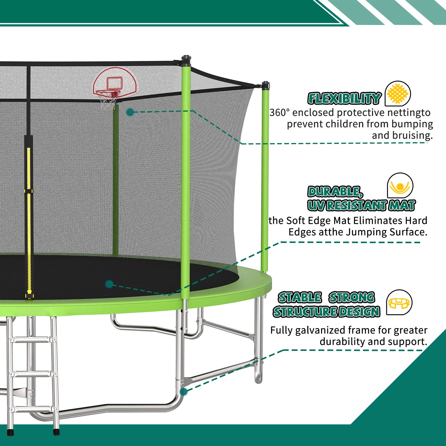Trampoline ladder three-step textured non-slip treads close-up