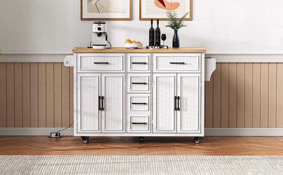 K&K 56.5'' Kitchen Island with Drop Leaf, Power Outlet, Embossed Vertical Stripe Rolling Kitchen Cart on Wheels with 4 Doors , 5 Deep Drawers and Adjustable Shelves, for Kitchen, Dining Room, Black