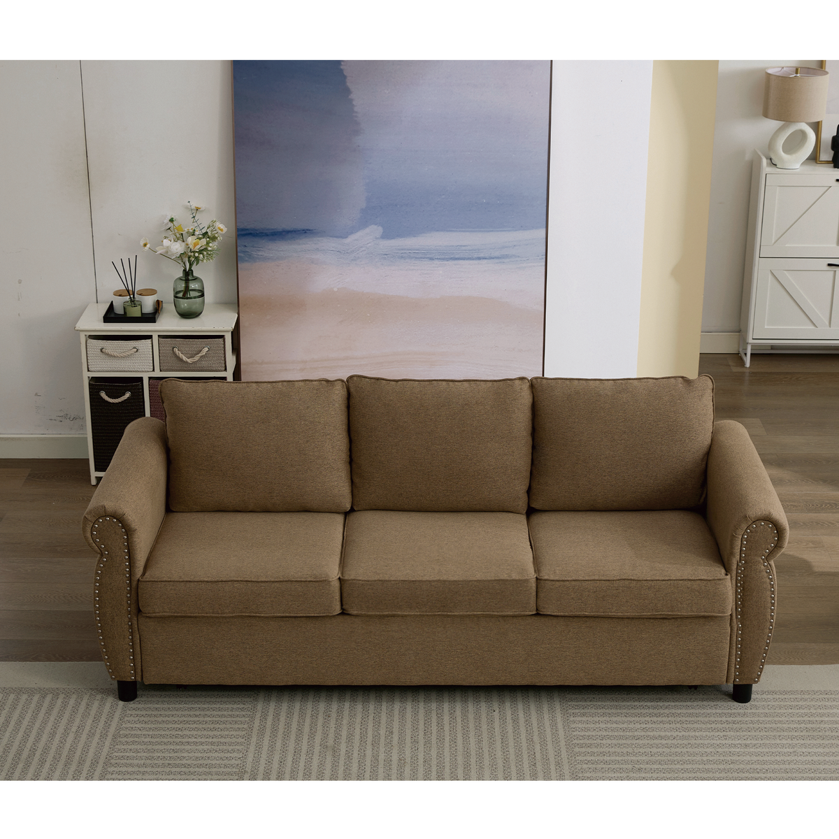 [NEW ARRIVED] [VIDEO PROVIDED] 81.5' 2-in-1 Queen Convertible Sleeper Sofa Bed, Pull Out Couch Bed,3 seater sofa bed,with 3.35' Memory Foam Mattress ,Rivet handrail,Beige(Old sku:W2108S00091)