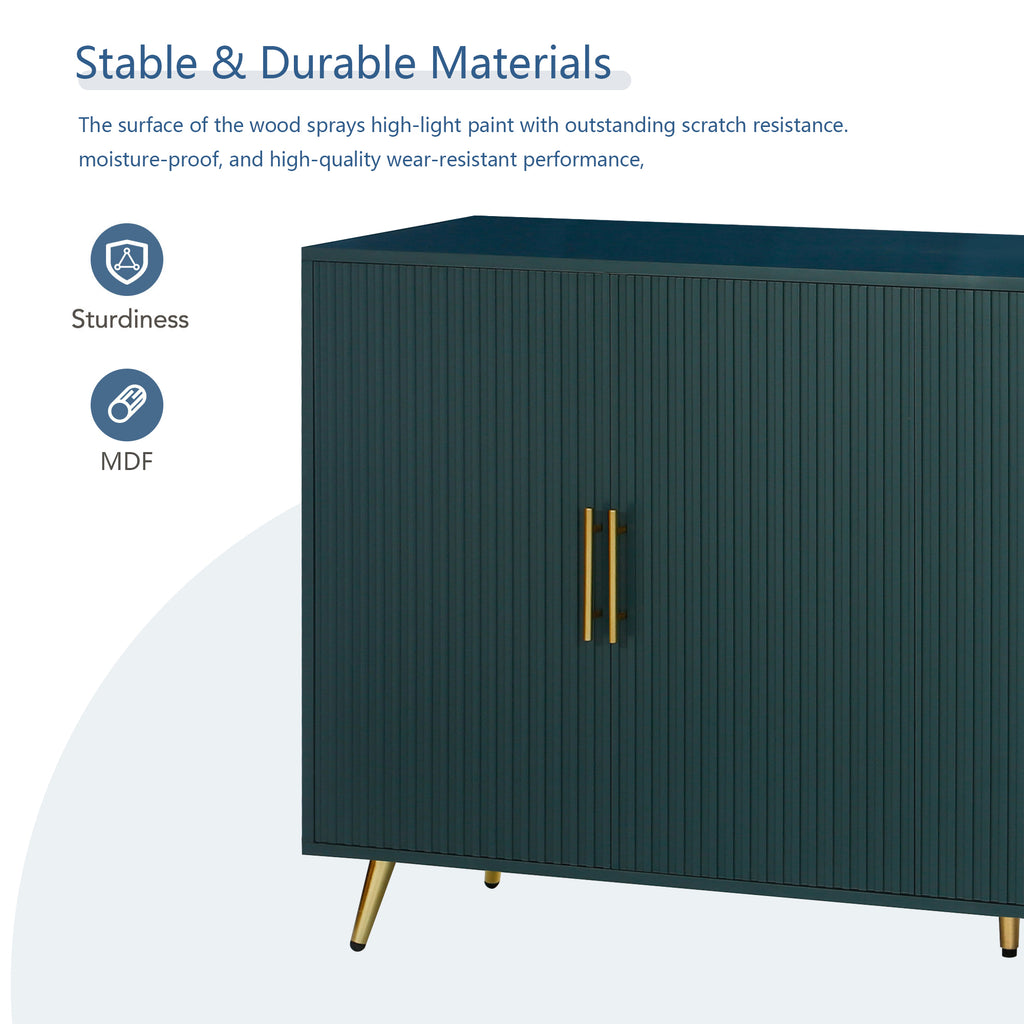 Gold-plated iron leg detail on navy blue TV stand