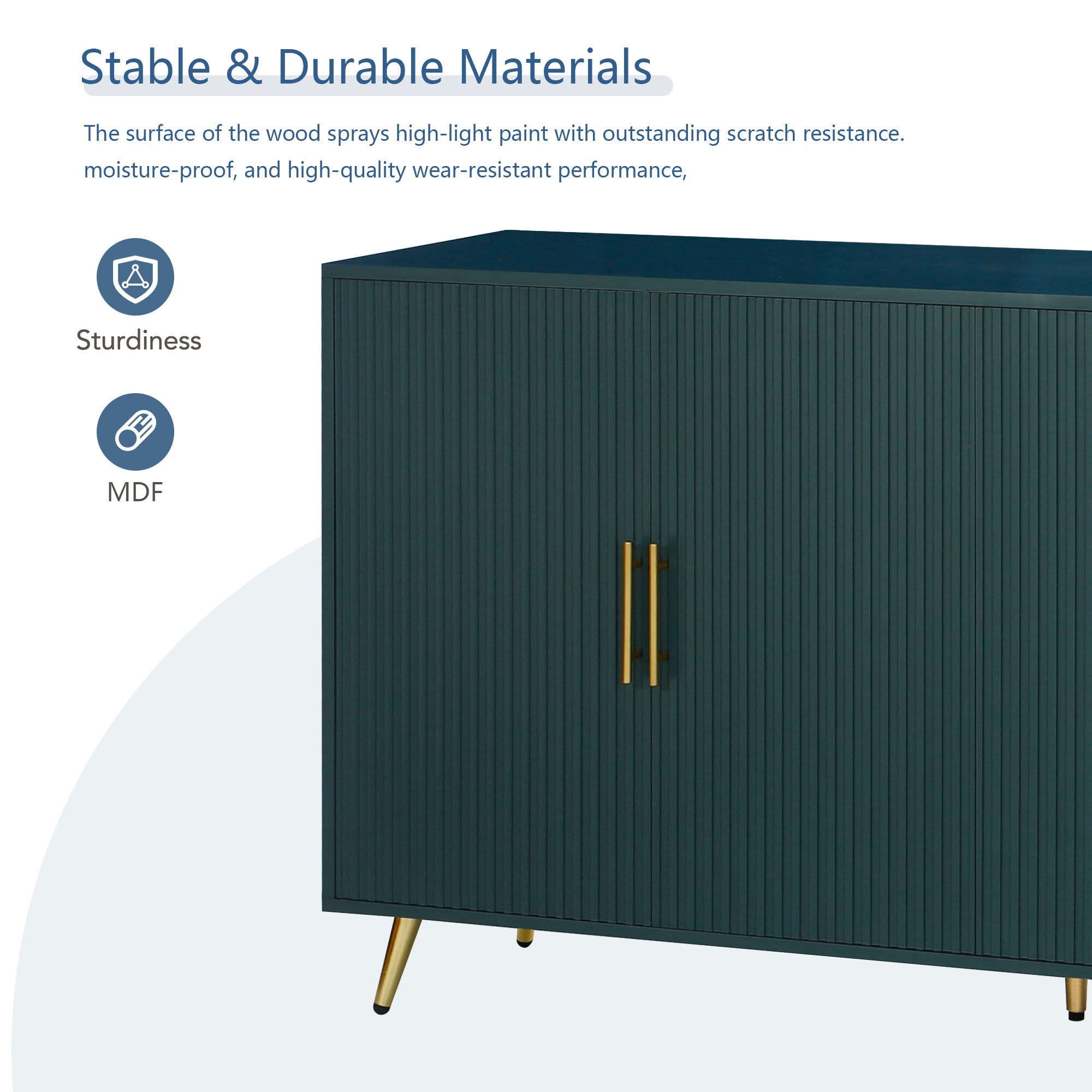 Gold-plated iron leg detail on navy blue TV stand