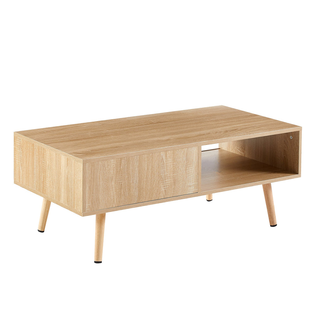 Rattan Coffee Table — Sliding Door Storage & Solid Wood Legs