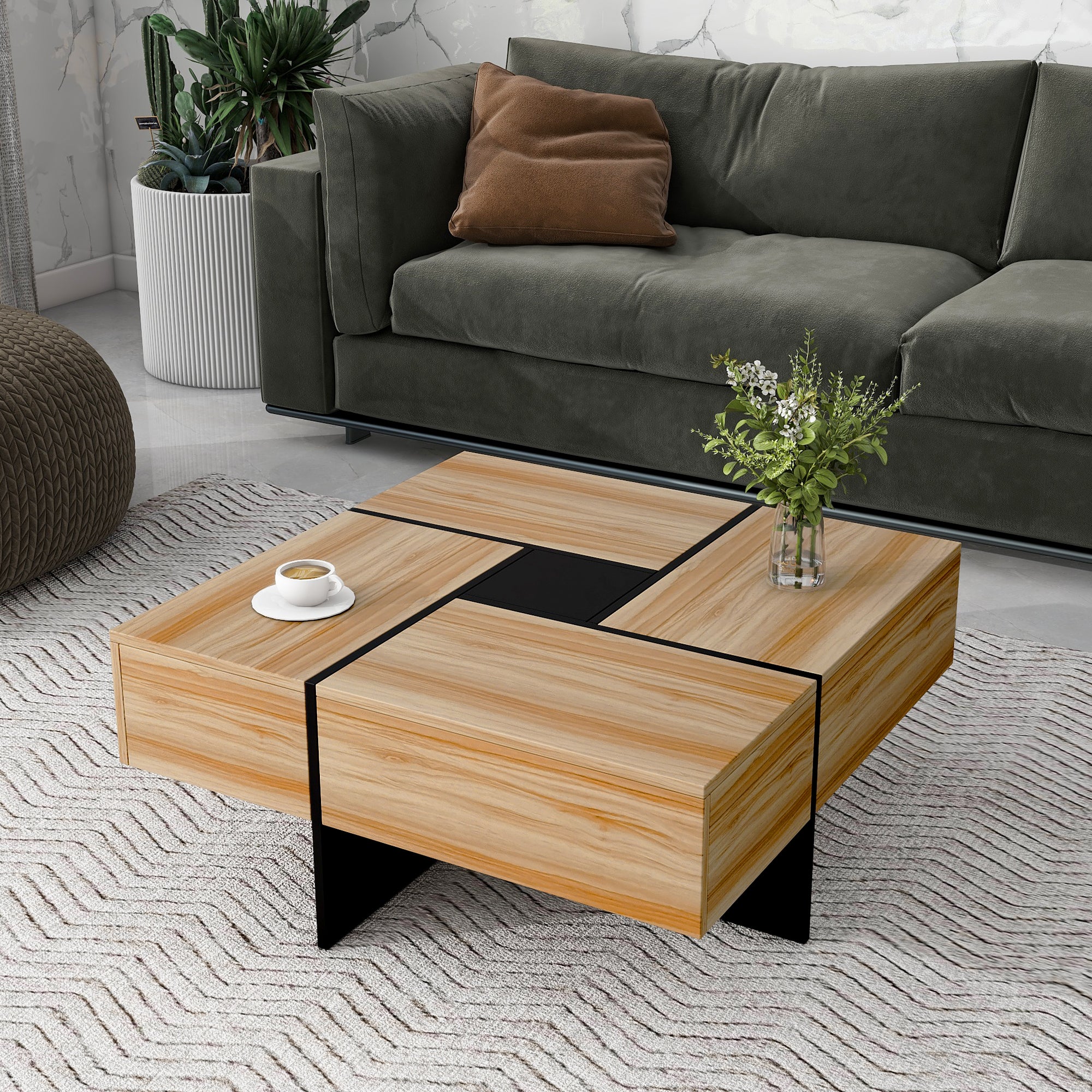 Wood-grain square coffee table living room setting