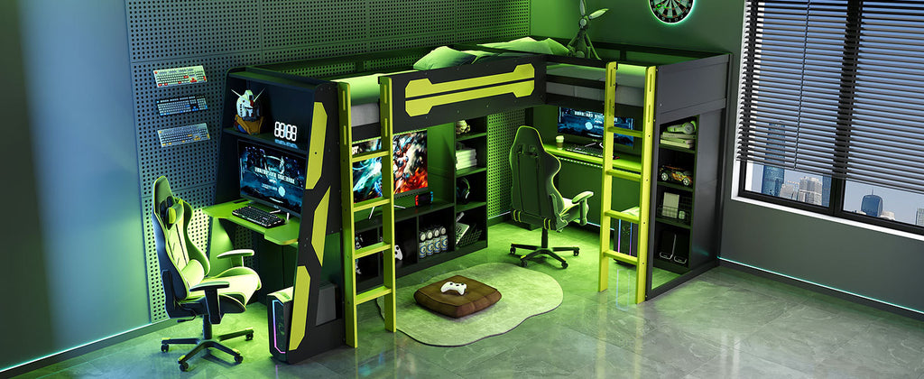 Twin gaming bed frame with under-bed desk space