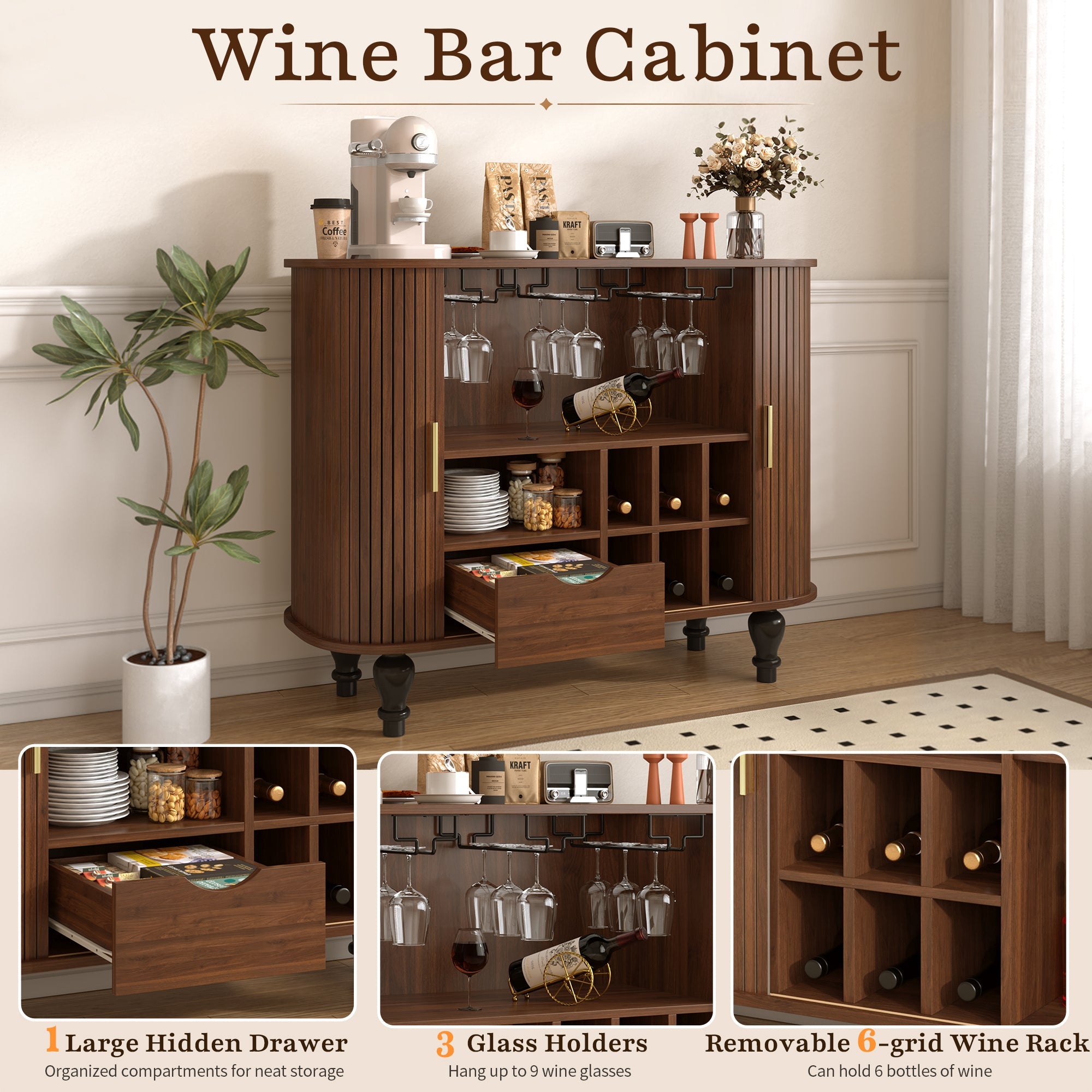 39' Fluted Liquor & Coffee Bar Cabinet with 6 Wine Racks and 3 Glass Holders, Mid-Century Modern Bar Cabinet with A Large Storage Drawer ,4 Hidden Storage Space on the Side , Black